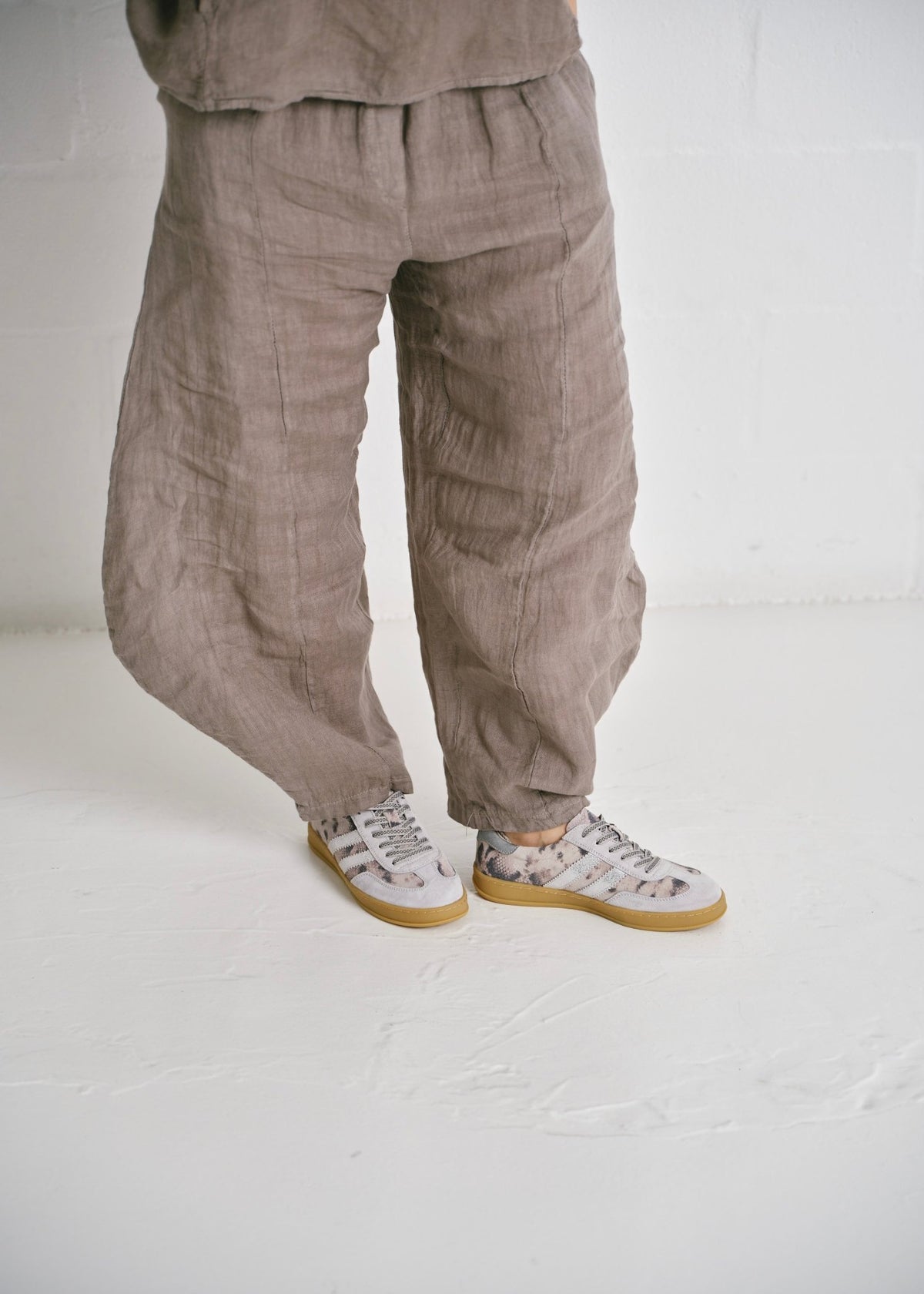View our Antibes Italian Barrel Linen Pants With Belt In Taupe - by Tribute Store