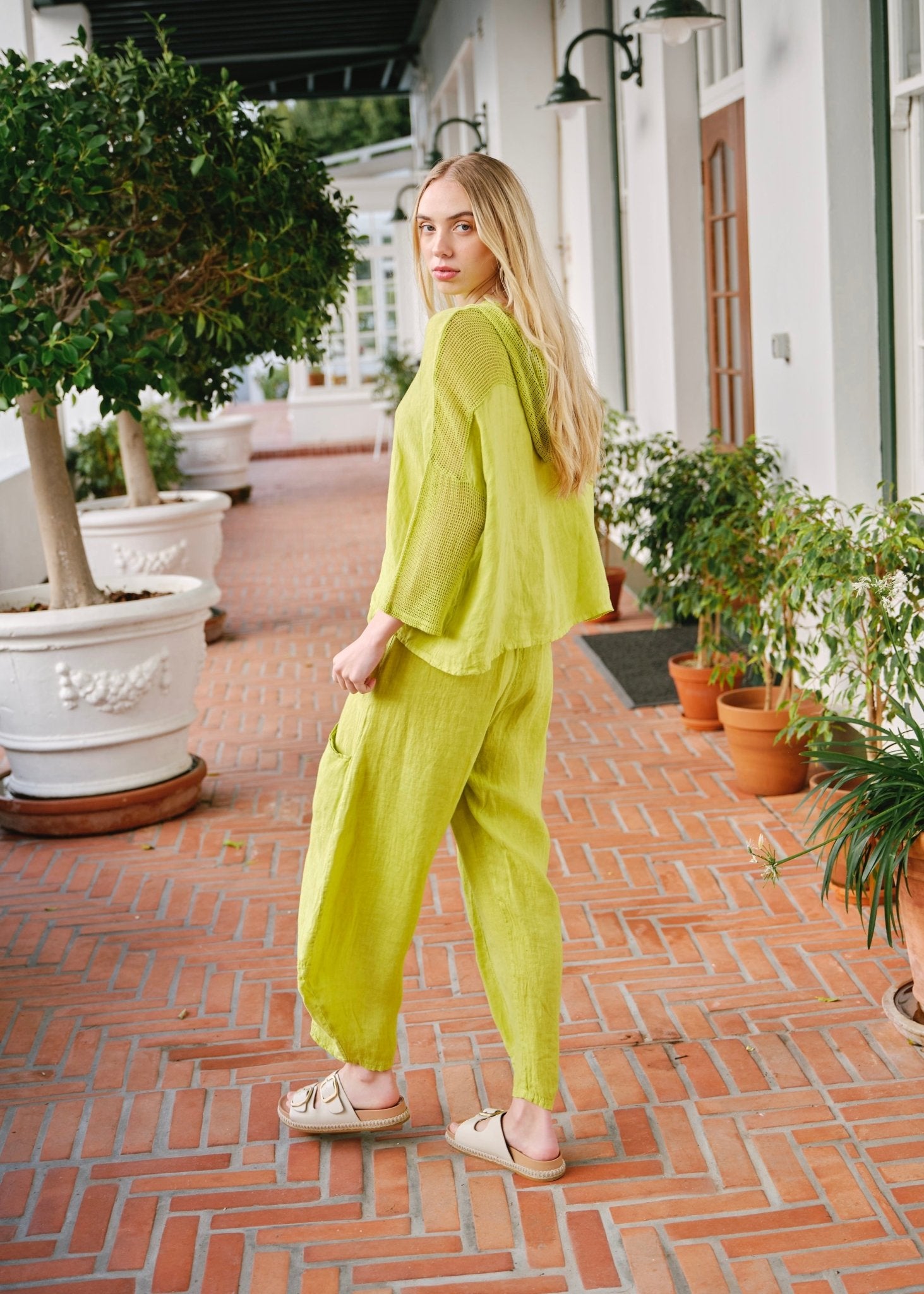 View our Antibes Italian Linen Barrel Pants in Chartreuse - by Tribute Store