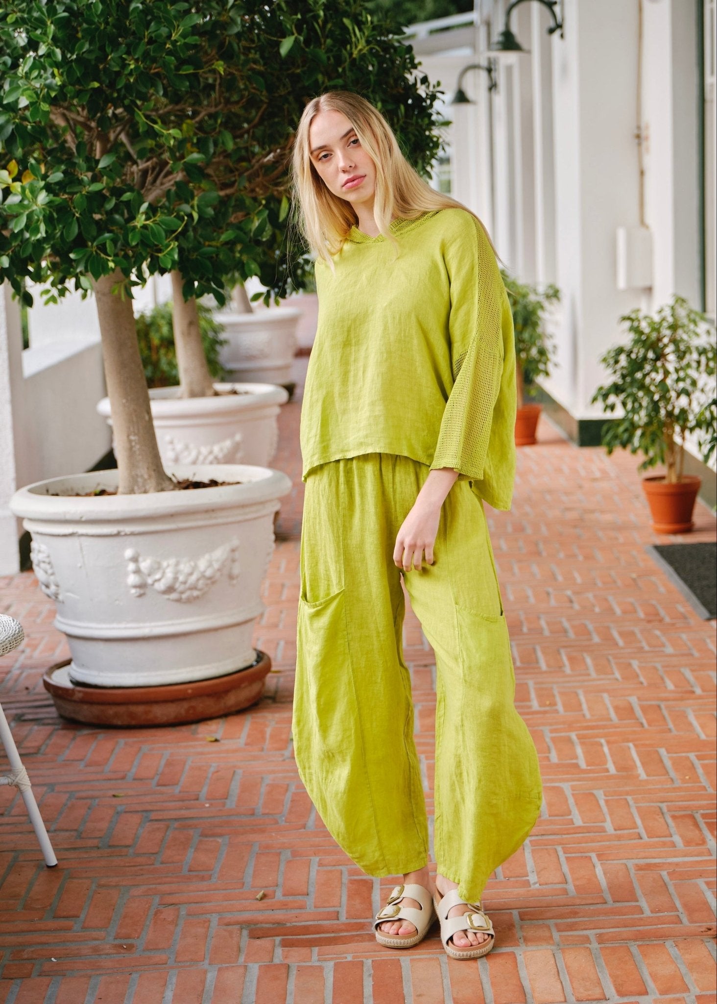 View our Antibes Italian Linen Barrel Pants in Chartreuse - by Tribute Store