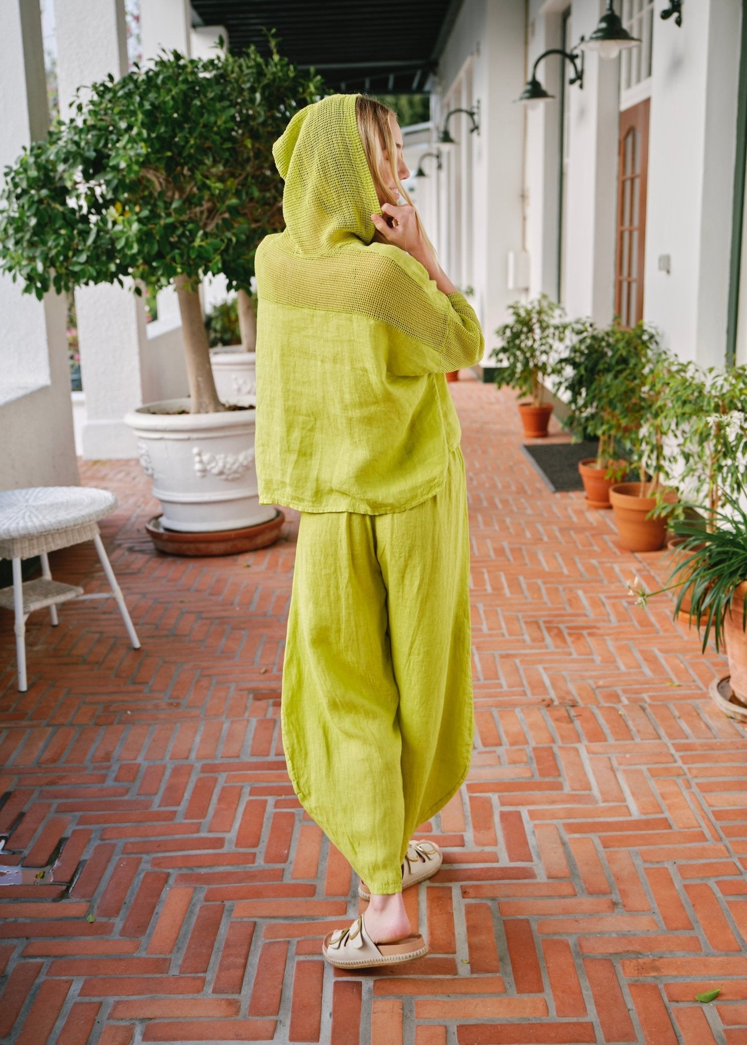 View our Antibes Italian Linen Crochet Hoodie in Chartreuse - by Tribute Store