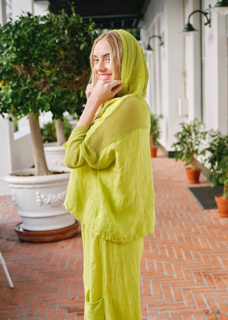 View our Antibes Italian Linen Crochet Hoodie in Chartreuse - by Tribute Store