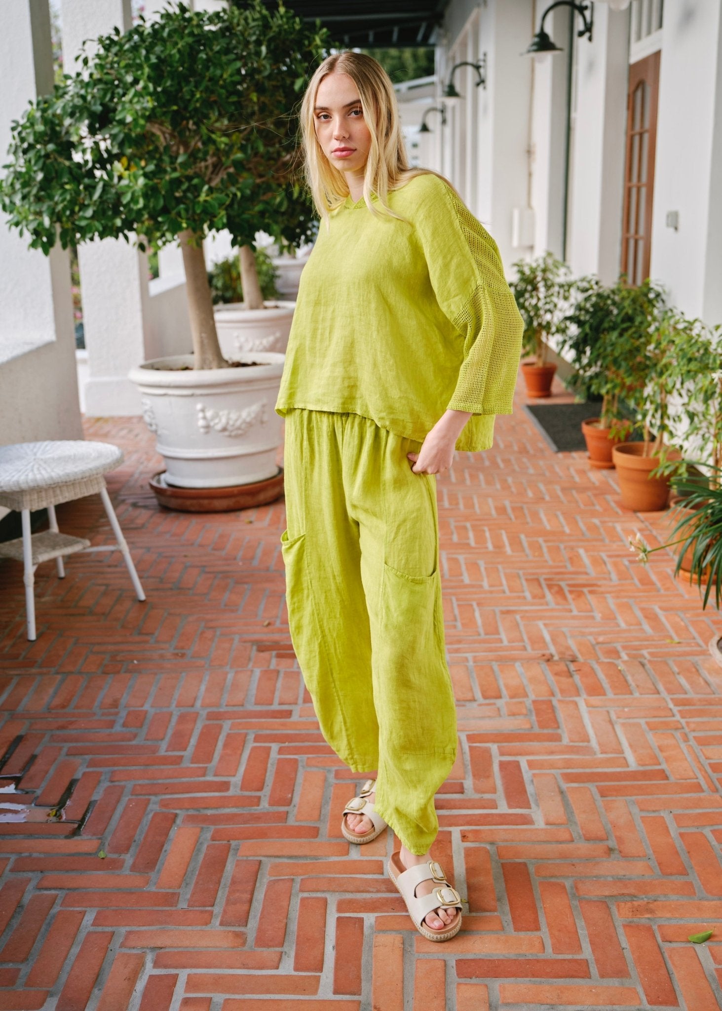View our Antibes Italian Linen Crochet Hoodie in Chartreuse - by Tribute Store