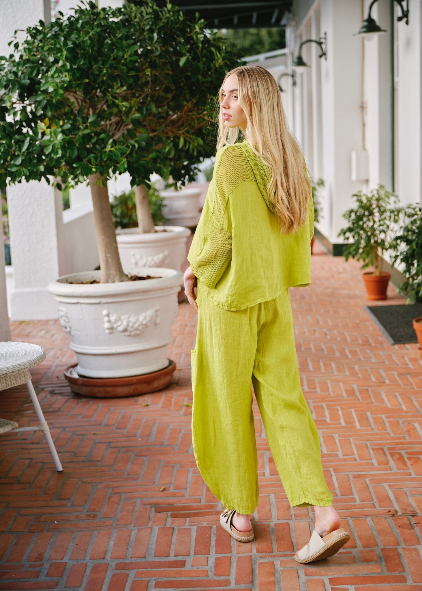 View our Antibes Italian Linen Crochet Hoodie in Chartreuse - by Tribute Store