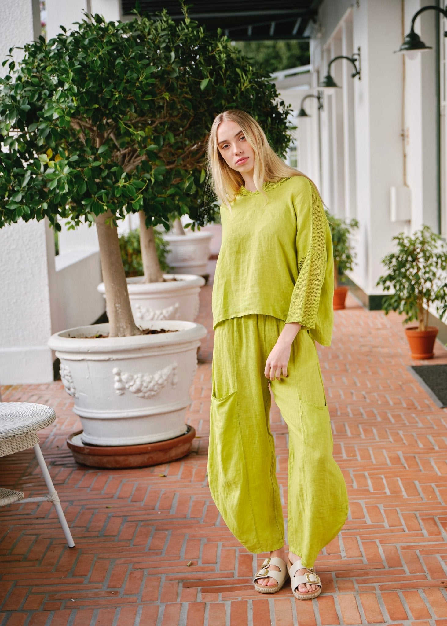 View our Antibes Italian Linen Crochet Hoodie in Chartreuse - by Tribute Store