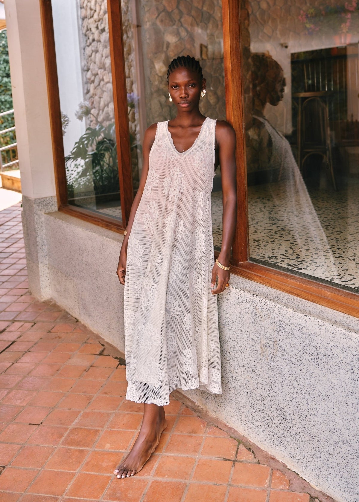 View our Antigua Crochet and Linen Italian Maxi V neck Dress In Cream - by Tribute Store
