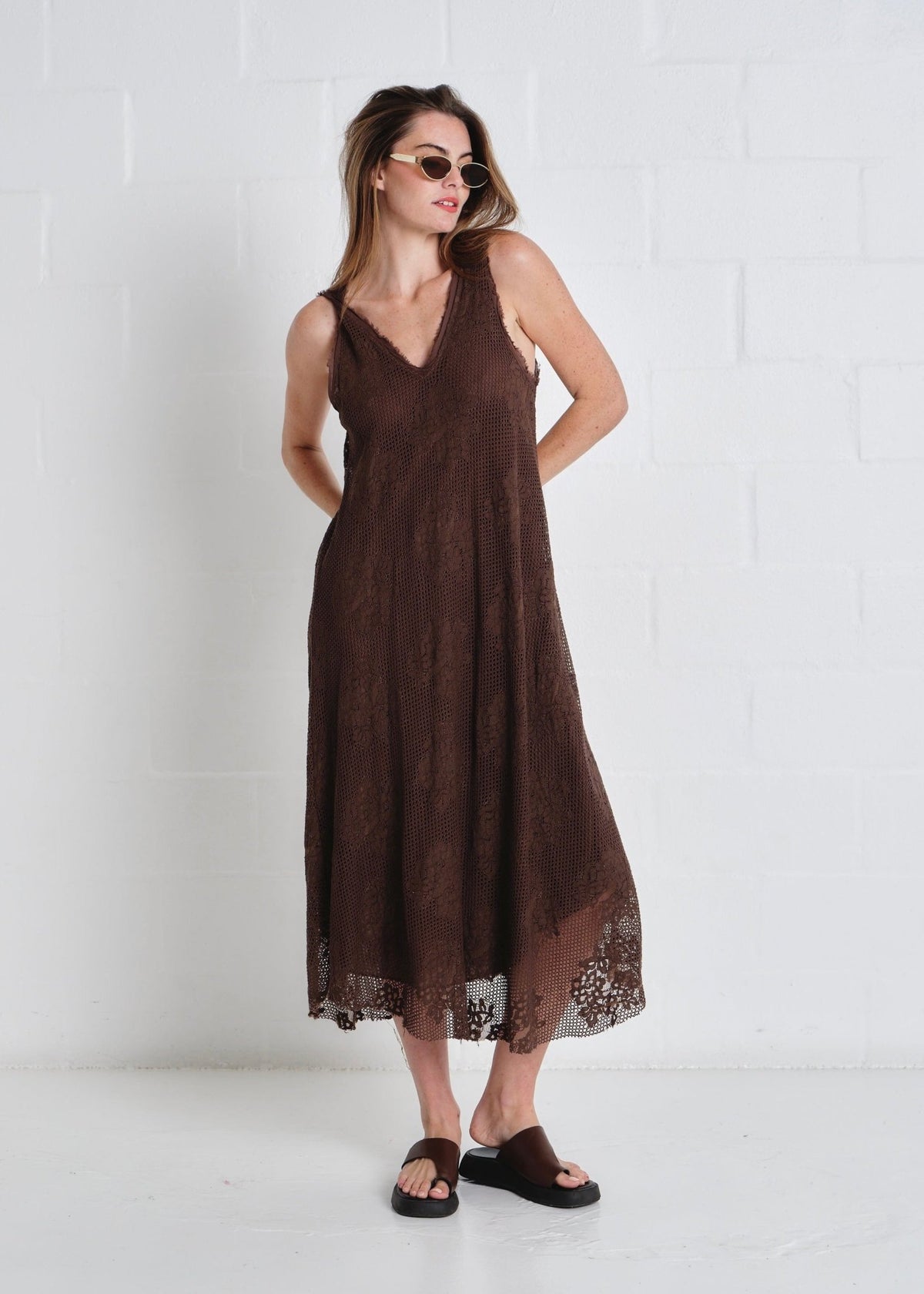View our Antigua Crochet Maxi V neck Dress In Chocolate - by Tribute Store