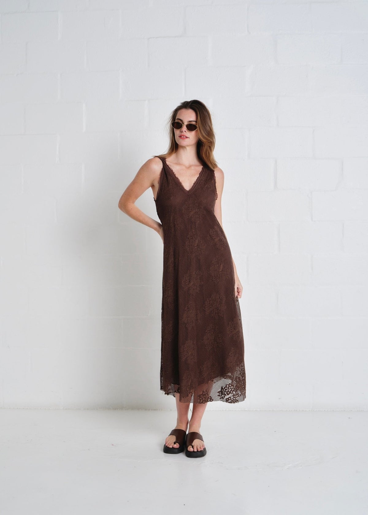 View our Antigua Crochet Maxi V neck Dress In Chocolate - by Tribute Store