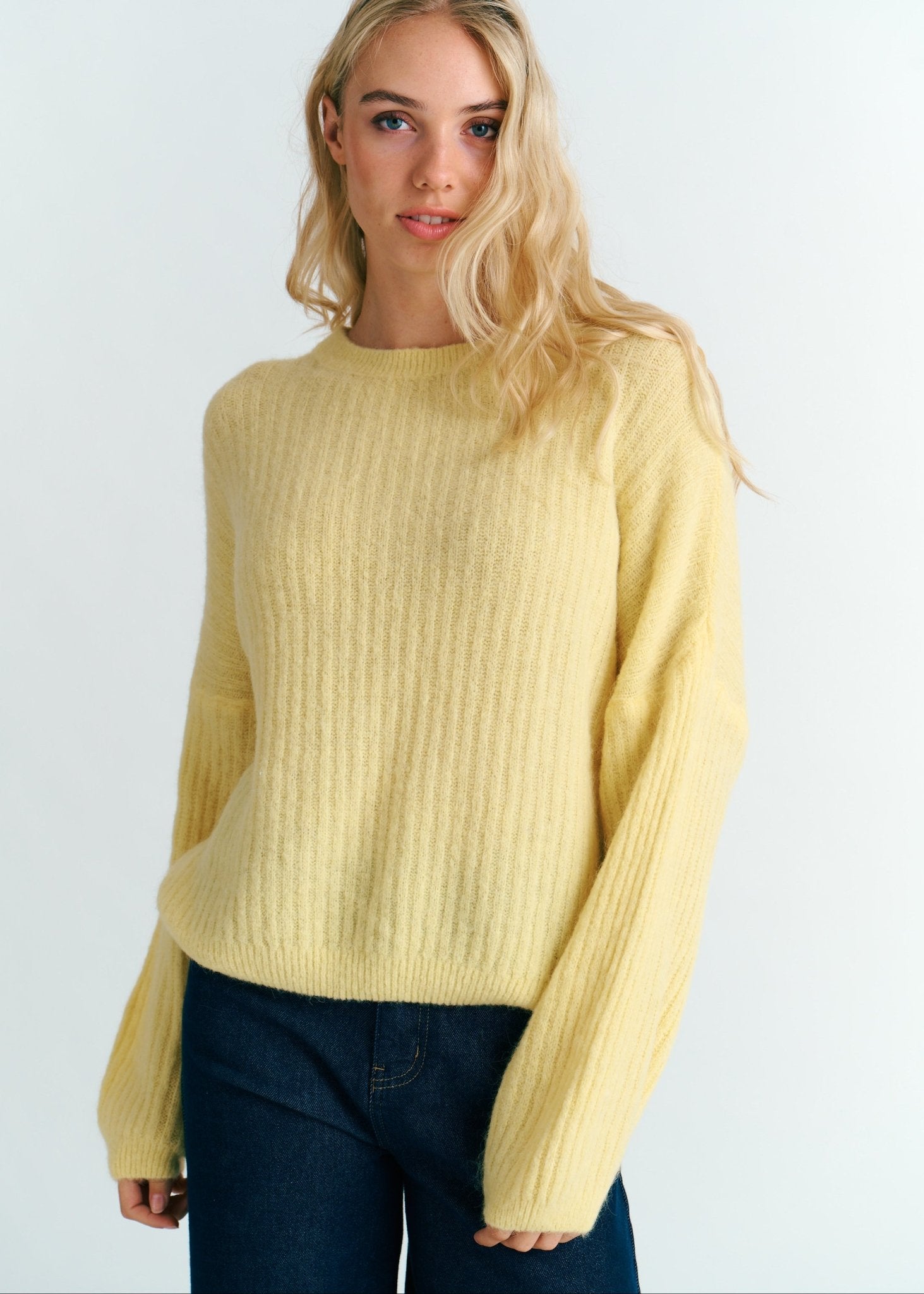 View our Aspen Crew Neck Knit In Butter Yellow with Balloon Sleeve - by Tribute Store