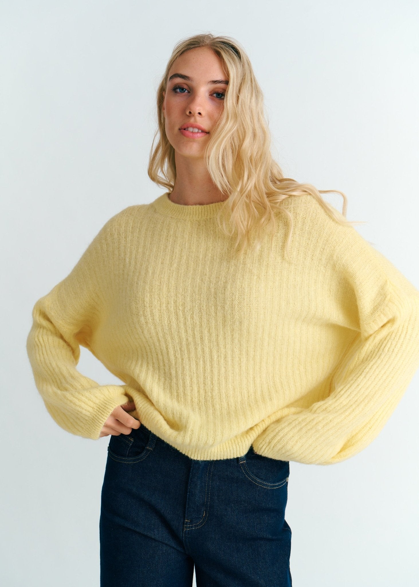 View our Aspen Crew Neck Knit In Butter Yellow with Balloon Sleeve - by Tribute Store