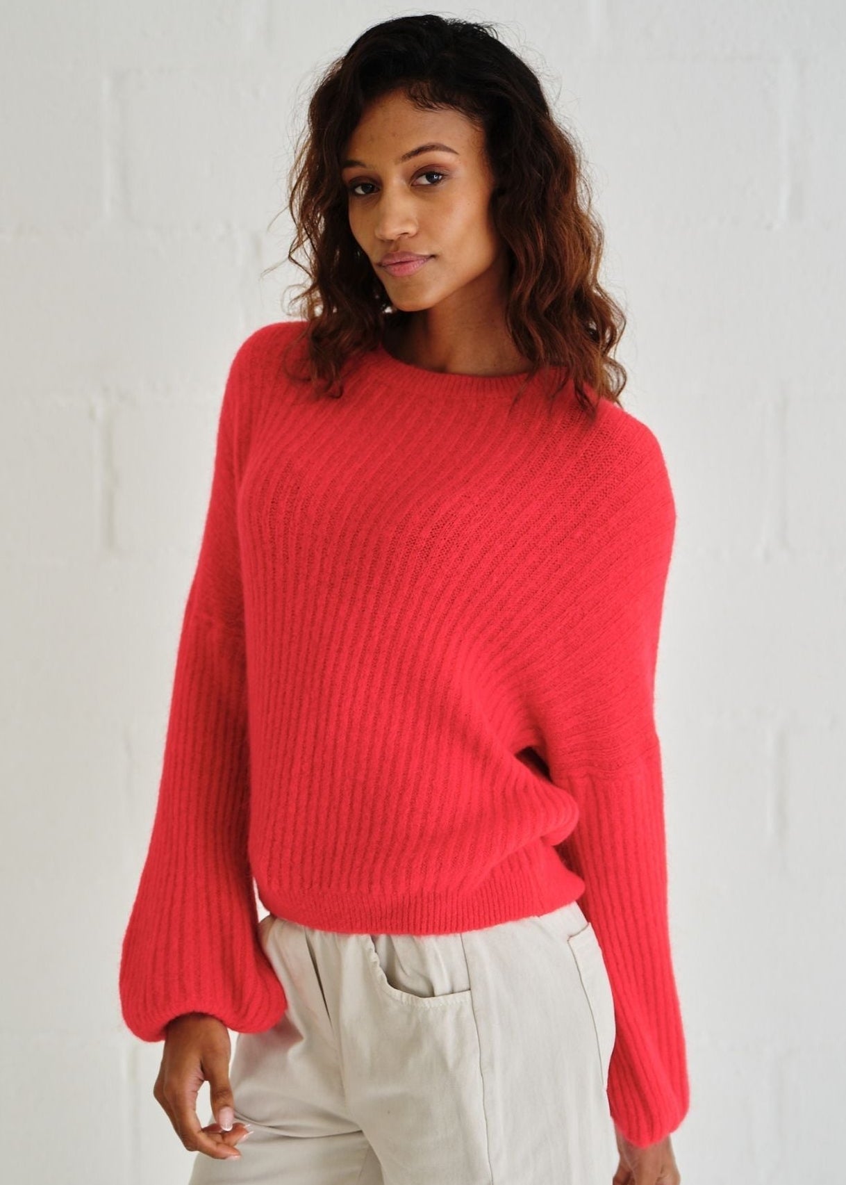View our Aspen Crew Neck Knit In Cherry Red with Balloon Sleeve - by Tribute Store