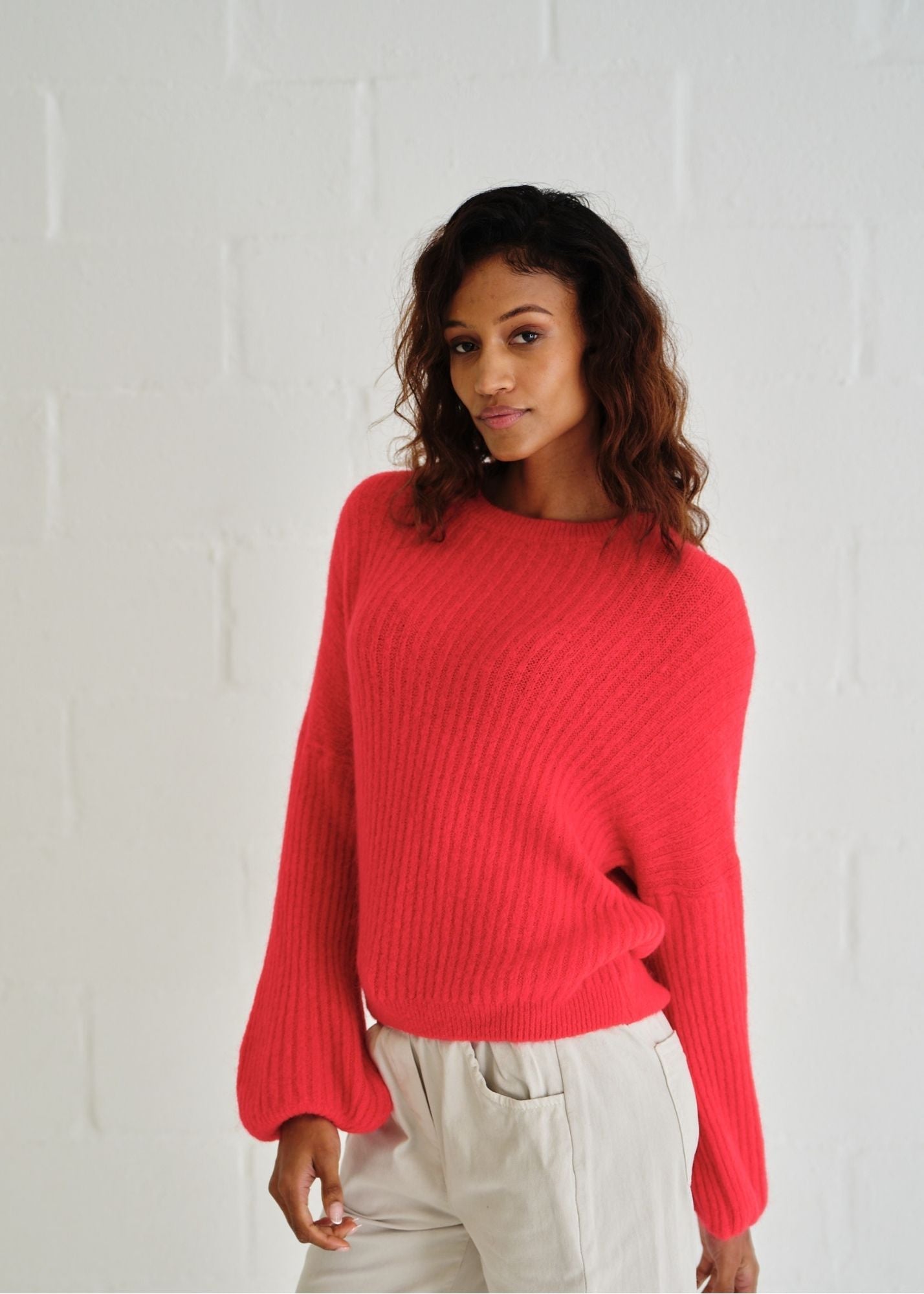 View our Aspen Crew Neck Knit In Cherry Red with Balloon Sleeve - by Tribute Store