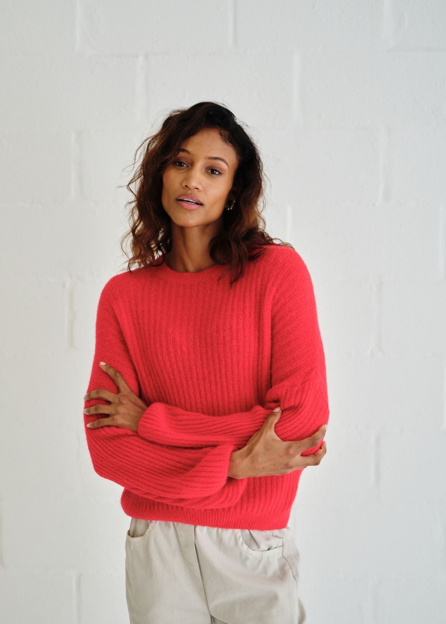 View our Aspen Crew Neck Knit In Cherry Red with Balloon Sleeve - by Tribute Store