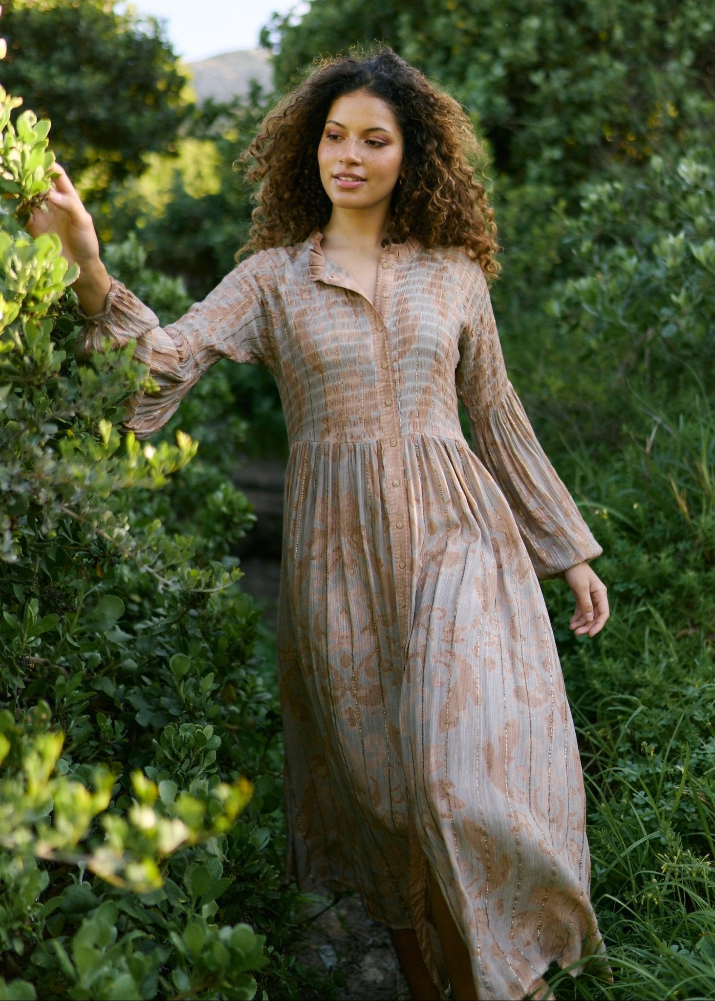 View our Athena Midi Bohemian Dress with Gold Lurex Thread inSoft Rust and Grey Print - by Tribute Store