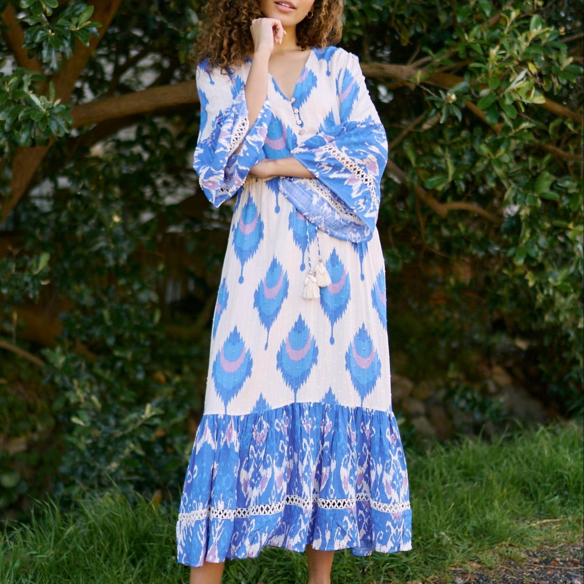 knee length dresses for ladies The Bahamas Cutout Smocked Maxi Dress- Green Brown Border Print – Miss  Monroe Boutique main image 0