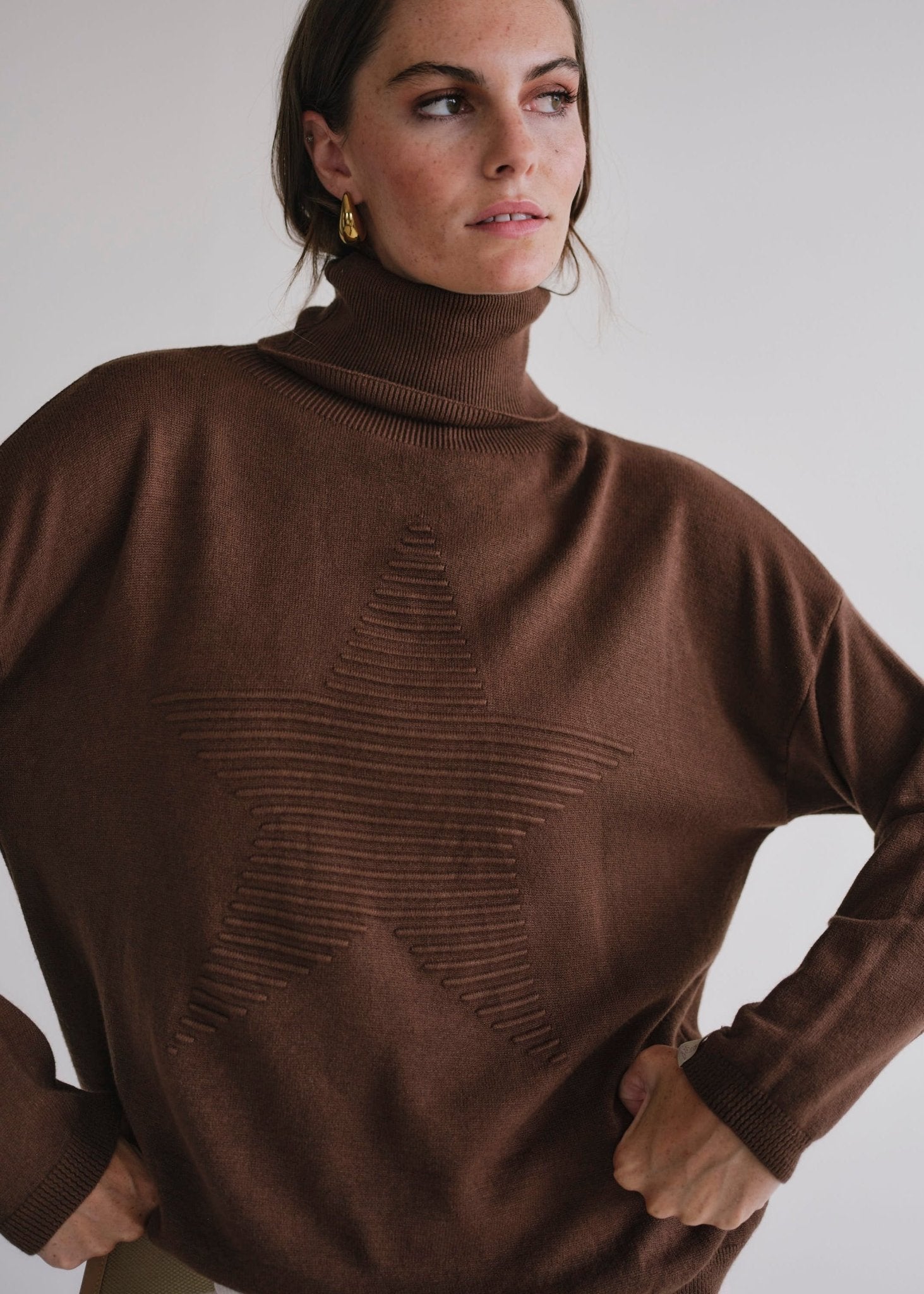 View our Bastille Chocolate Polo Neck Knit with Star front - by Tribute Store
