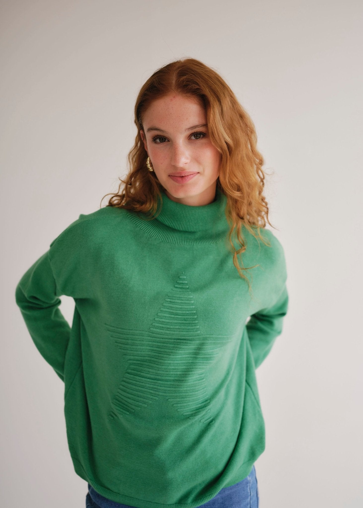 View our Bastille Polo Neck Knit with Star Front in Green - by Tribute Store