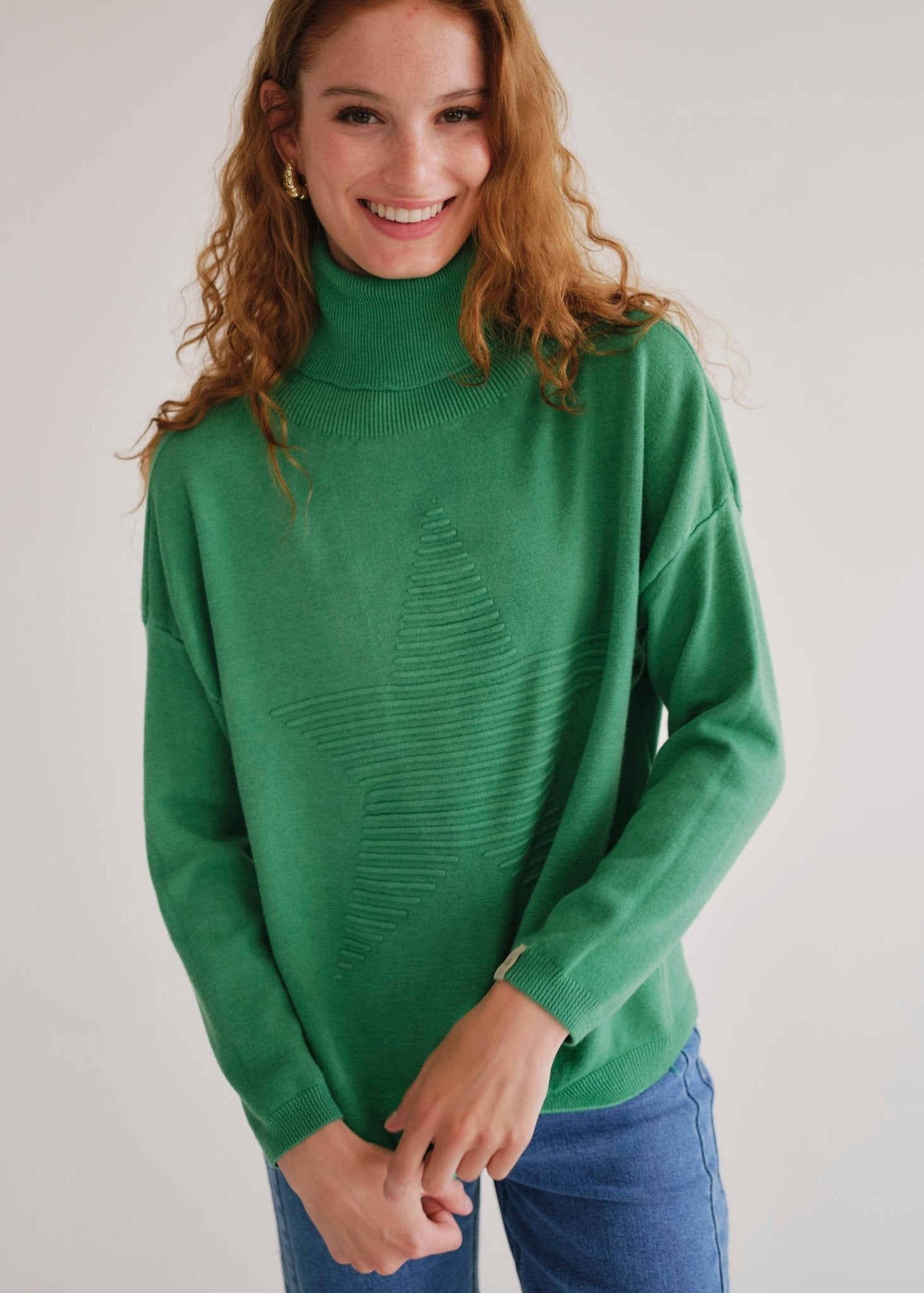 View our Bastille Polo Neck Knit with Star Front in Green - by Tribute Store