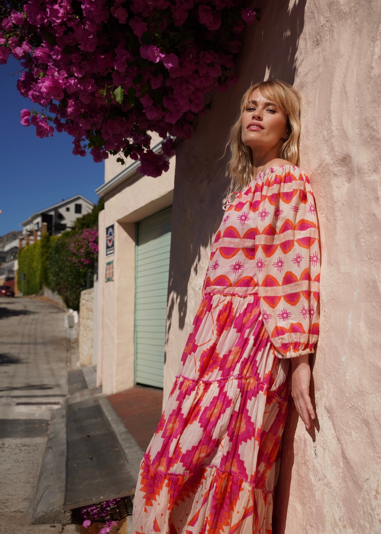 View our Bella Sera Cotton Balloon Sleeved Maxi Dress with Pink and Orange Aztec Print - by Tribute Store