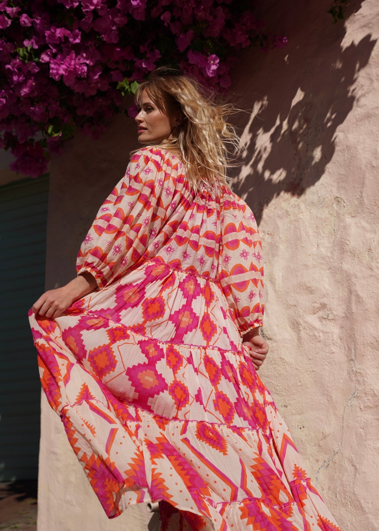 View our Bella Sera Cotton Balloon Sleeved Maxi Dress with Pink and Orange Aztec Print - by Tribute Store