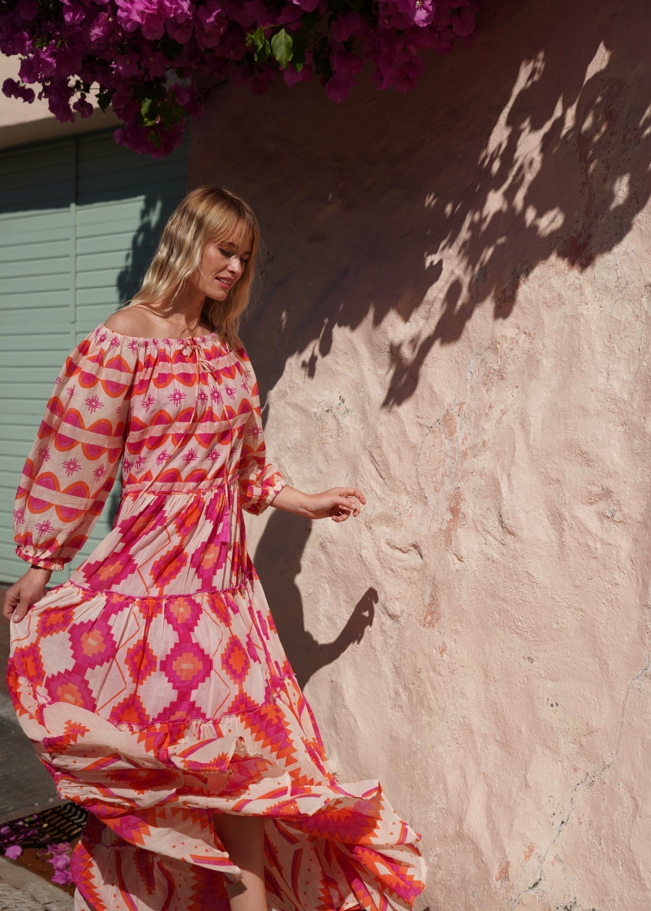 View our Bella Sera Cotton Balloon Sleeved Maxi Dress with Pink and Orange Aztec Print - by Tribute Store