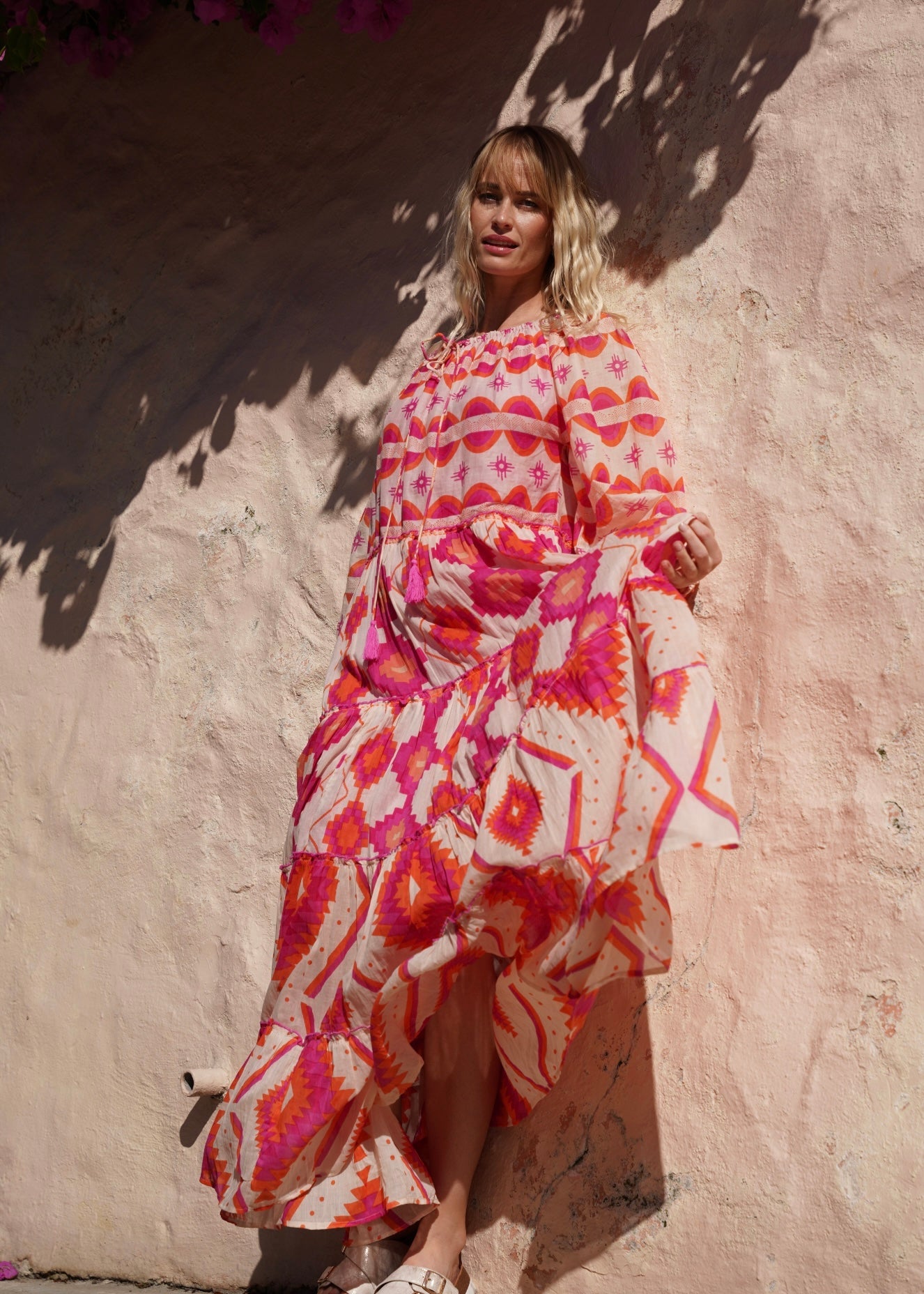 View our Bella Sera Cotton Balloon Sleeved Maxi Dress with Pink and Orange Aztec Print - by Tribute Store