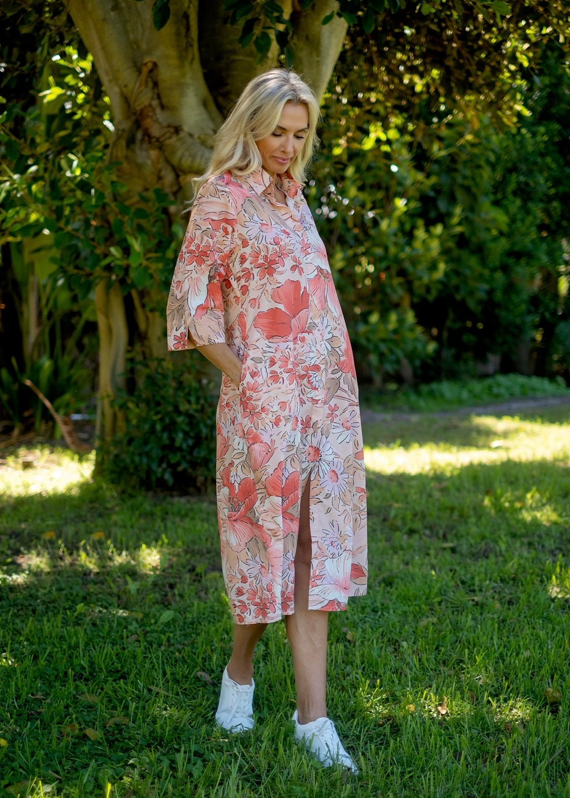 View our Betty Button Dress With Floral Print In Coral - by Tribute Store