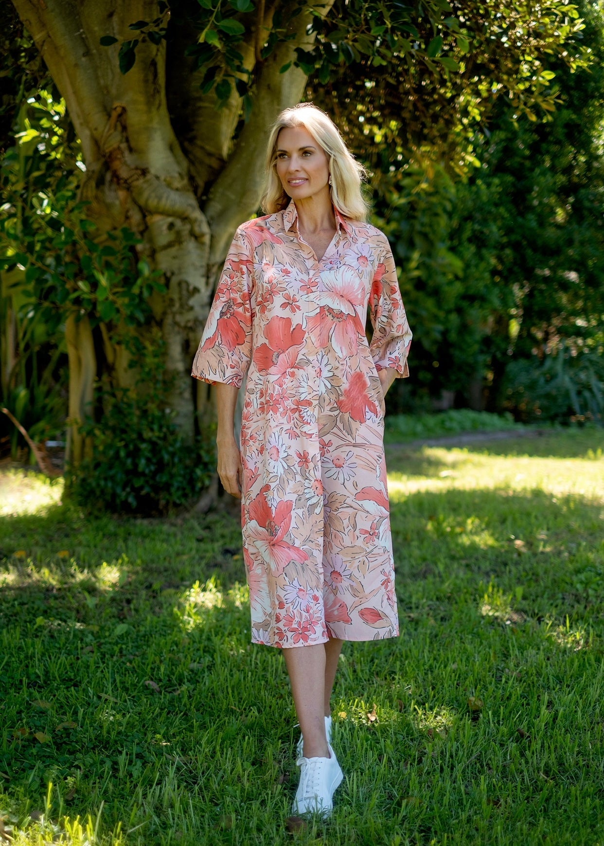 View our Betty Button Dress With Floral Print In Coral - by Tribute Store