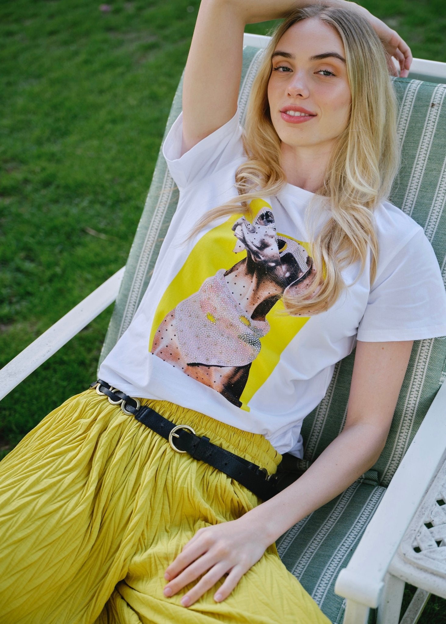 View our Bijou Embellished Dog Graphic Tee in White - by Tribute Store