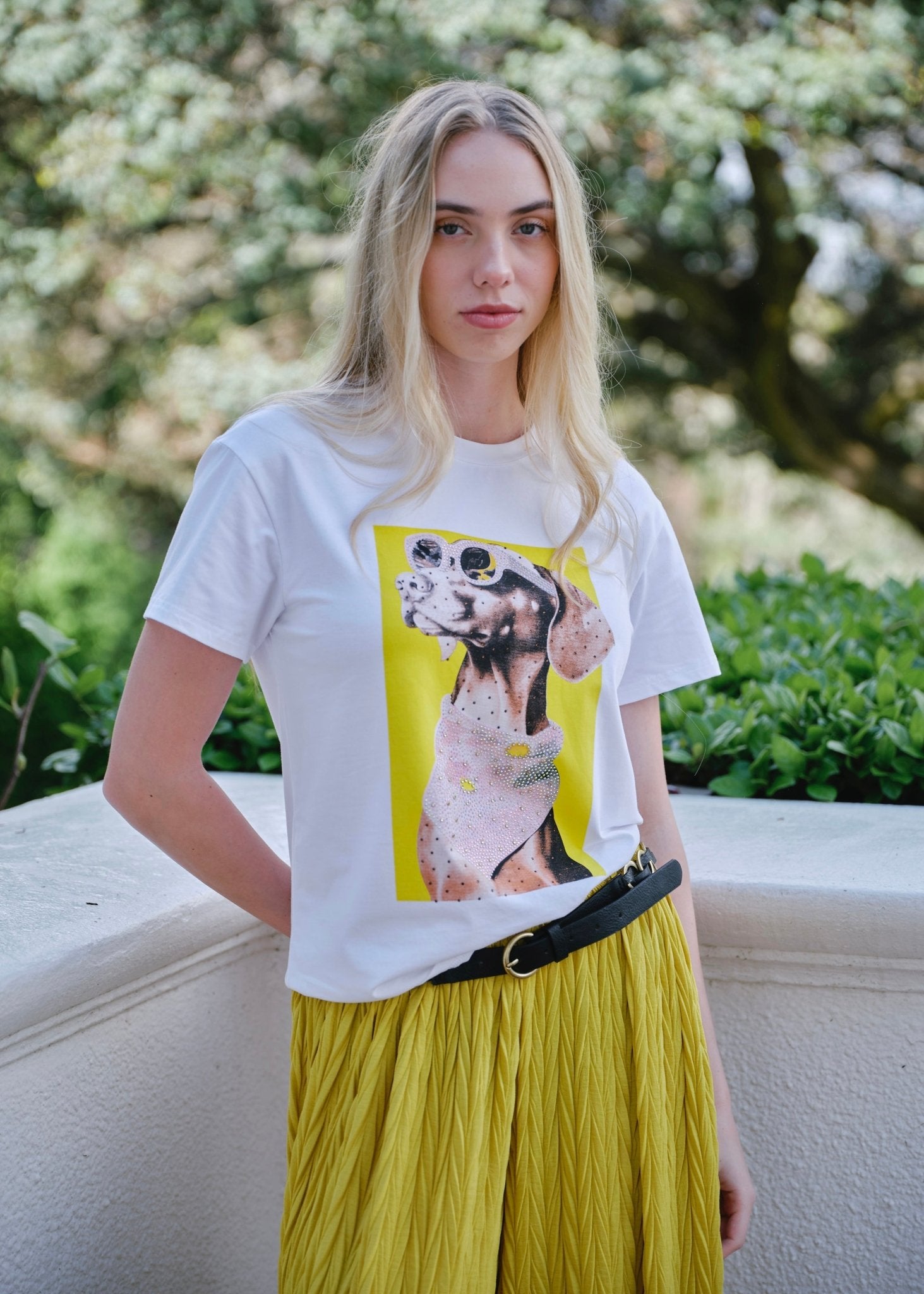 View our Bijou Embellished Dog Graphic Tee in White - by Tribute Store