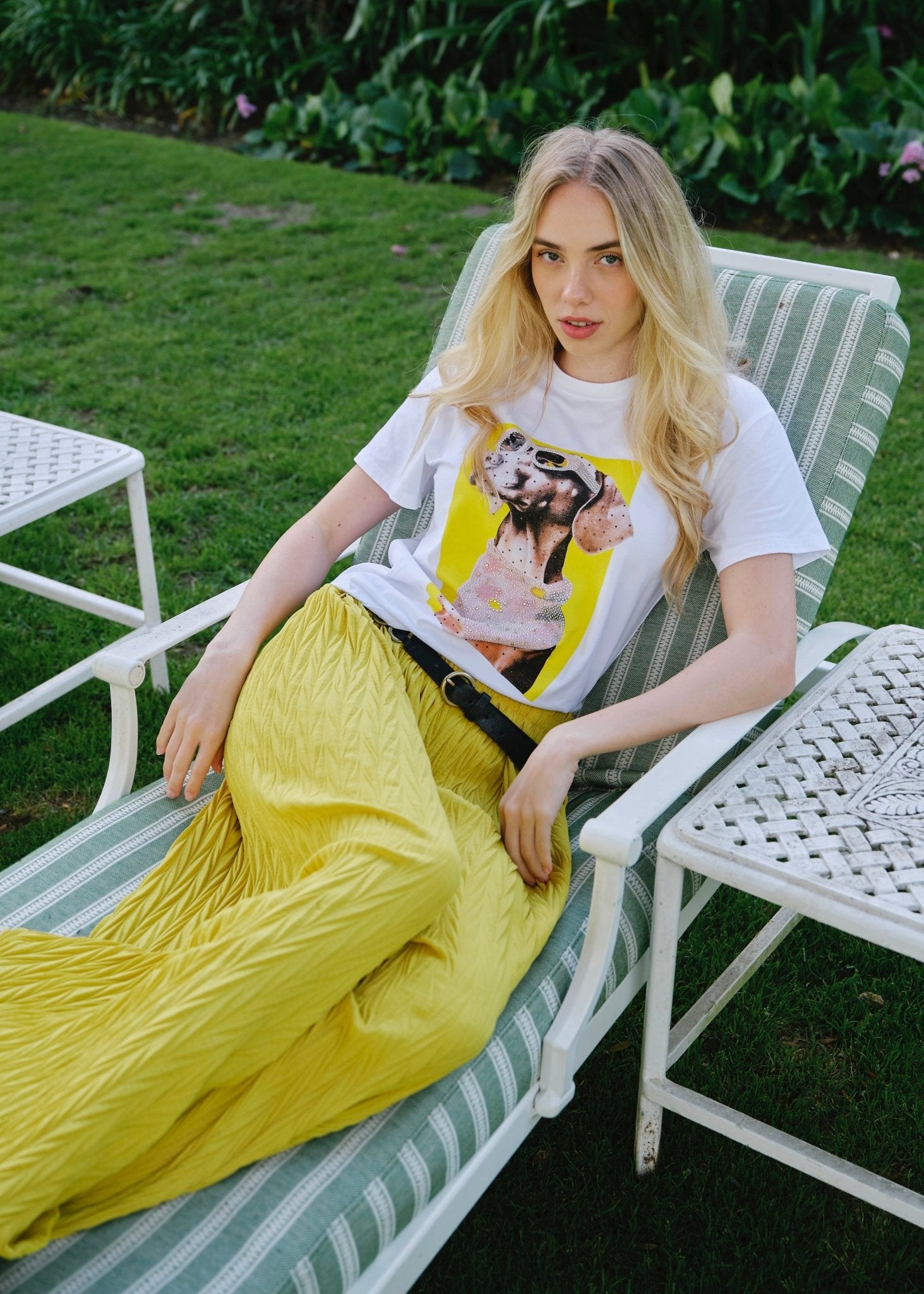 View our Bijou Embellished Dog Graphic Tee in White - by Tribute Store