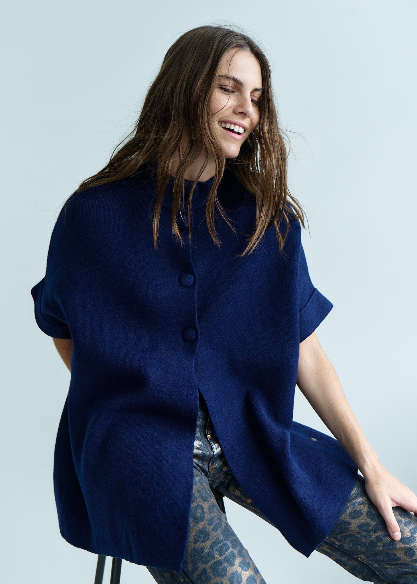 View our Blair Tailored Cape Viscose Knitted in Marine Blue - by Tribute Store