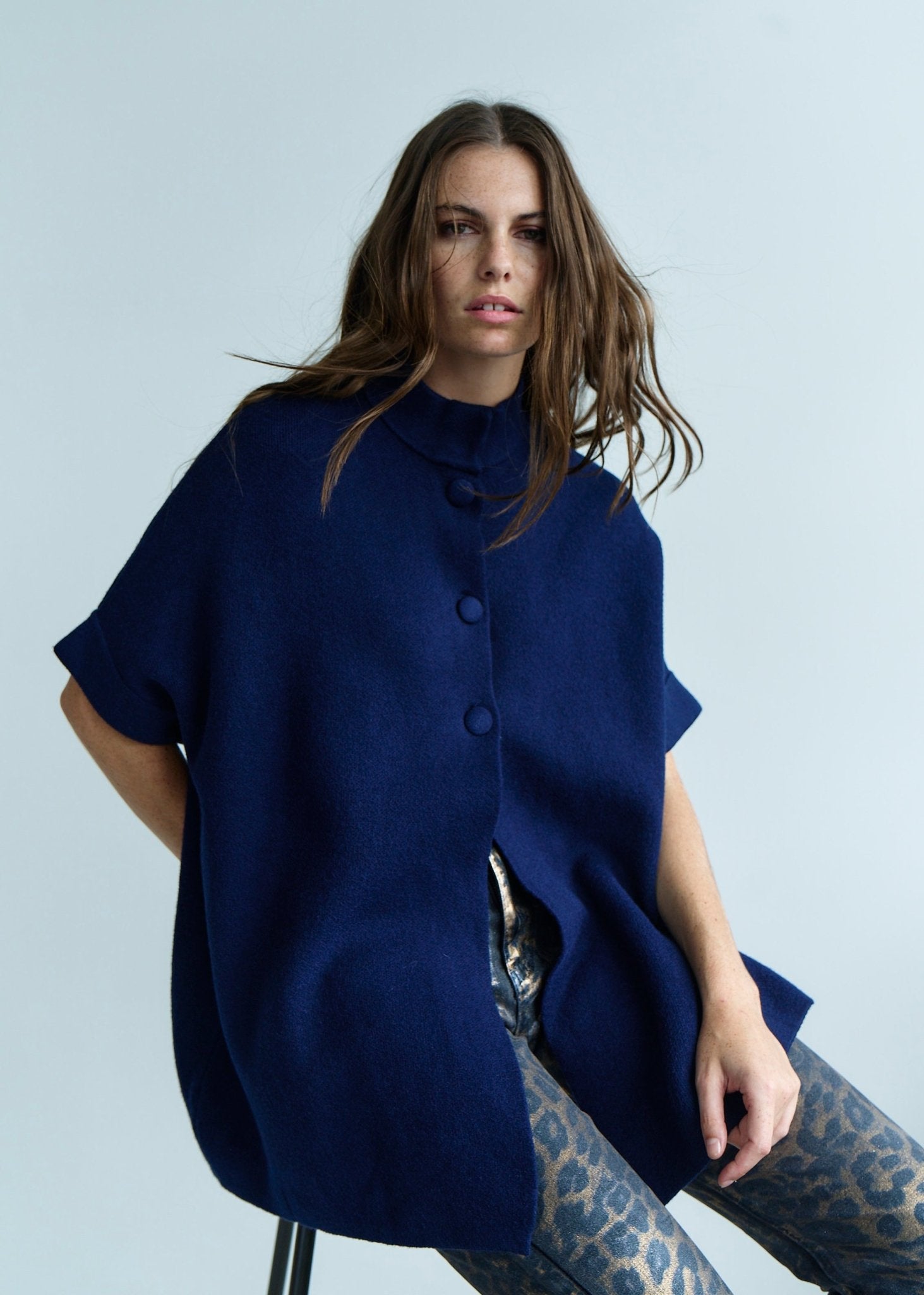 View our Blair Tailored Cape Viscose Knitted in Marine Blue - by Tribute Store