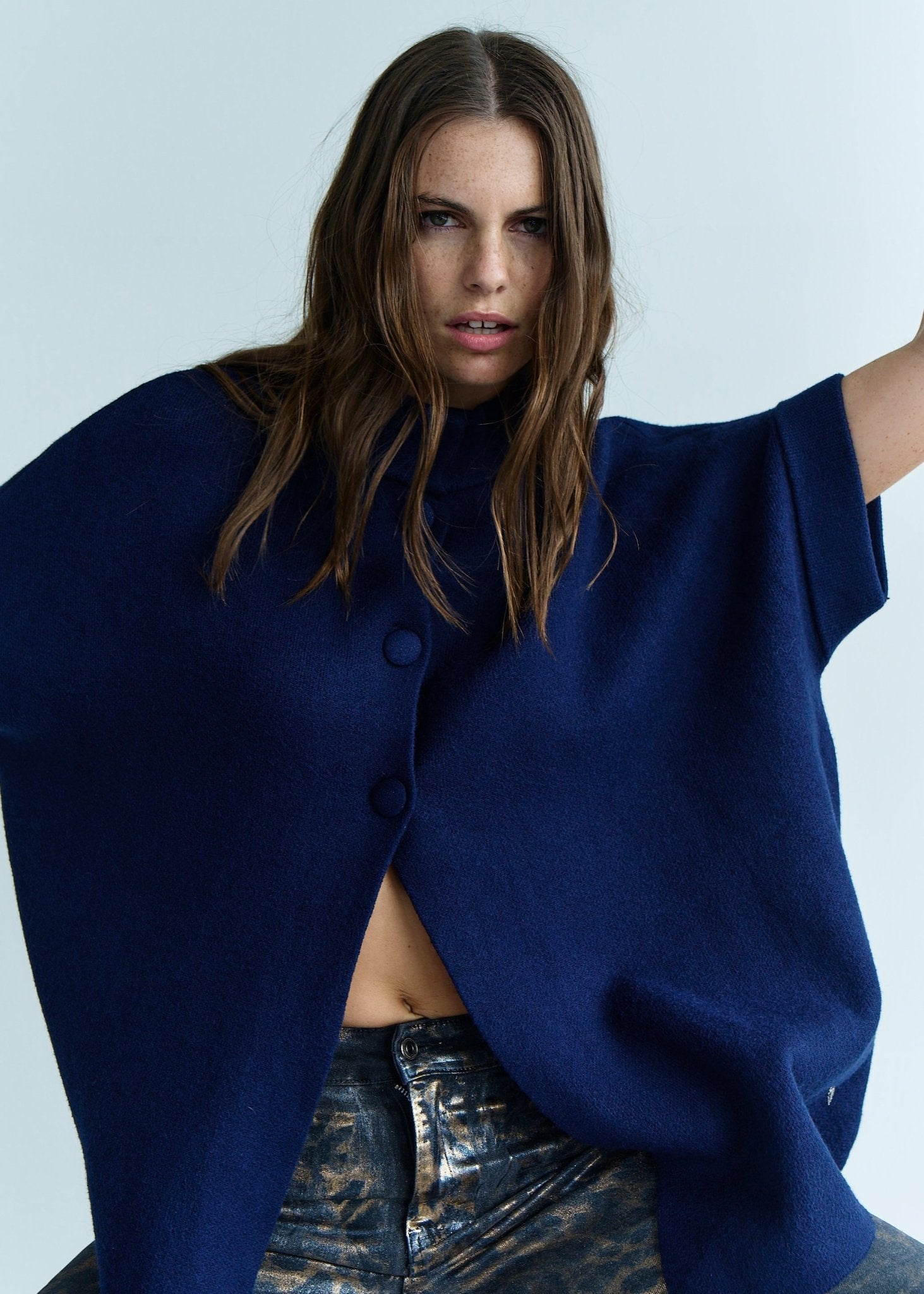 View our Blair Tailored Cape Viscose Knitted in Marine Blue - by Tribute Store
