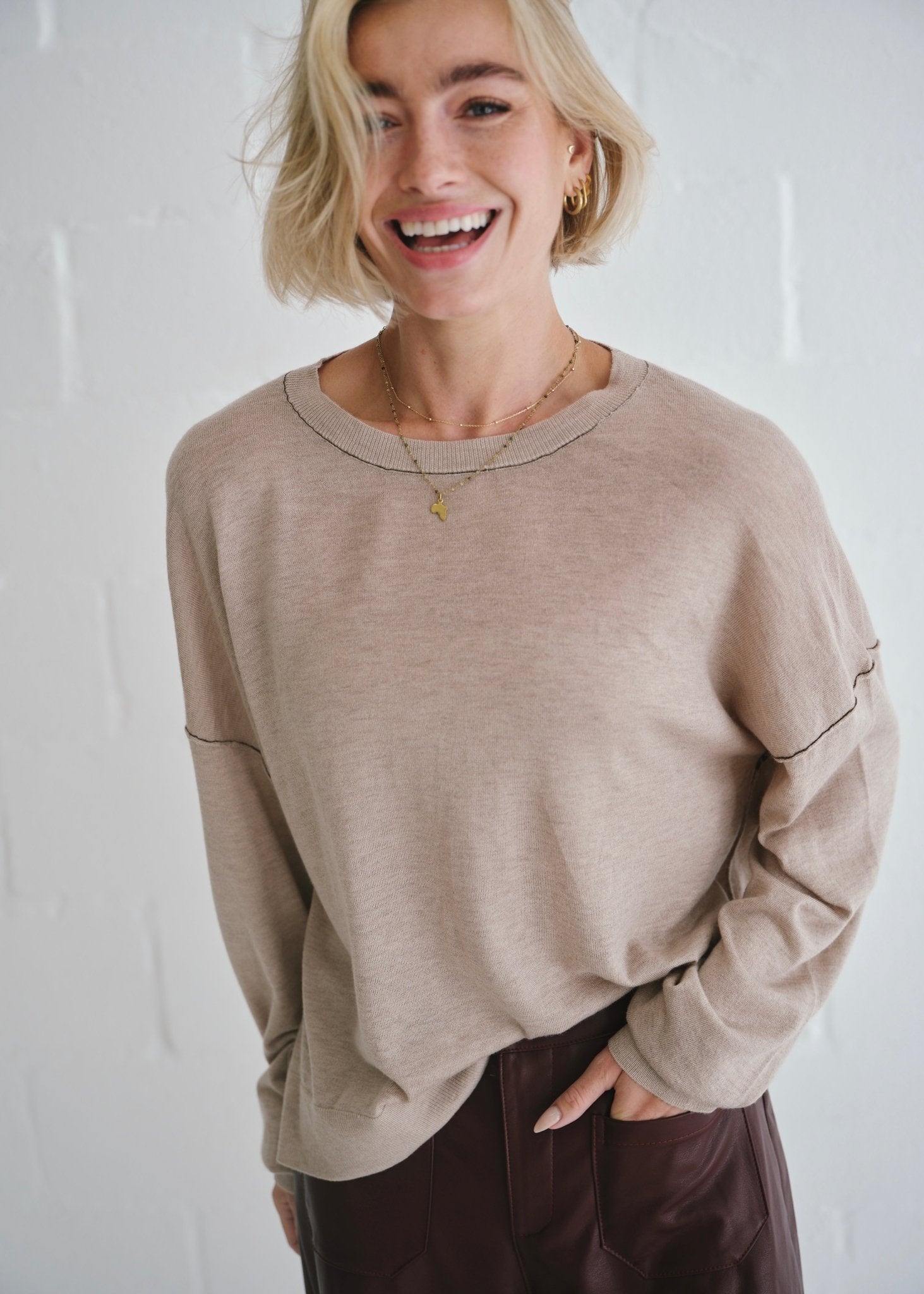 View our Boatneck Crew Neck Top In Taupe - by Tribute Store