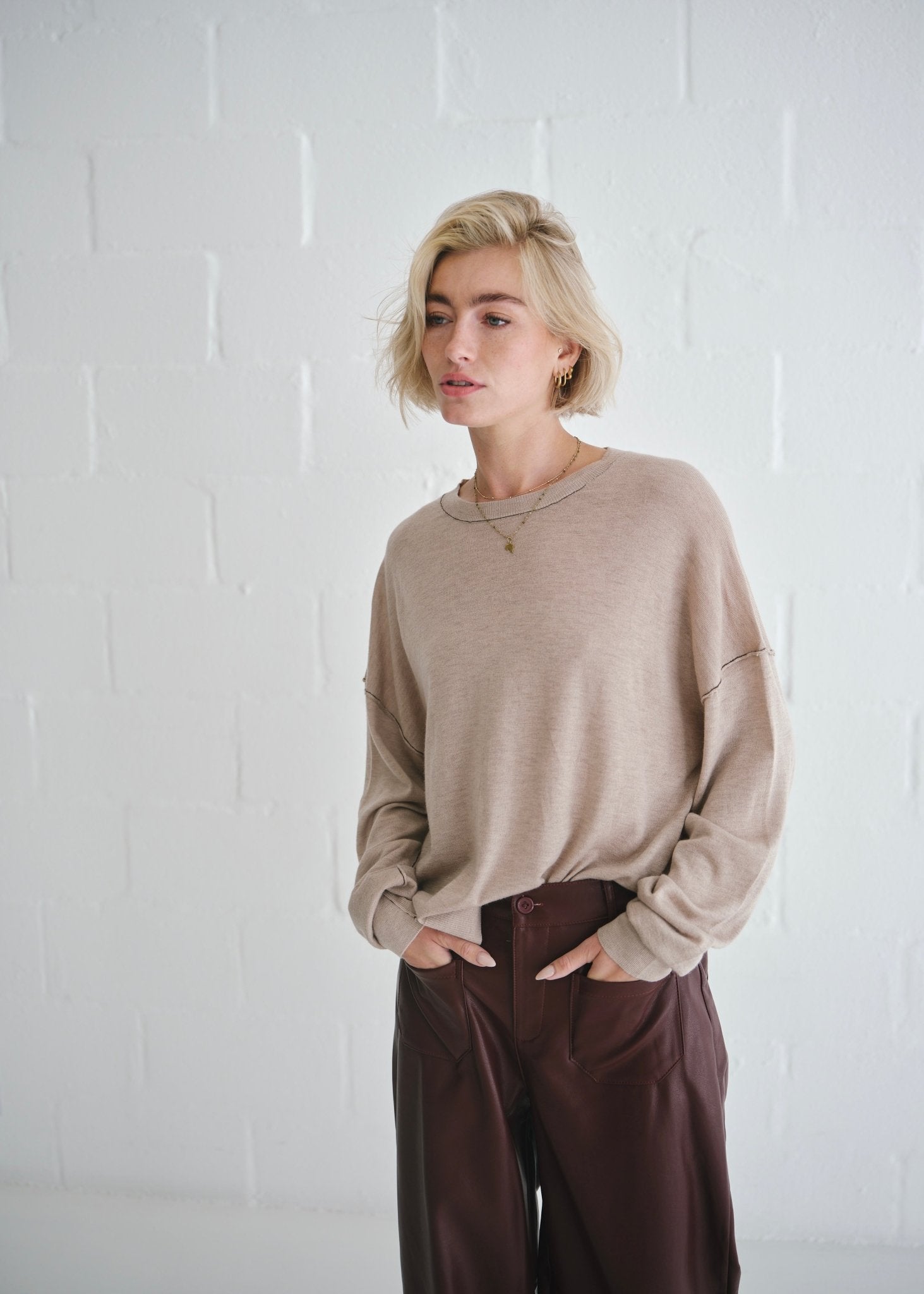 View our Boatneck Crew Neck Top In Taupe - by Tribute Store