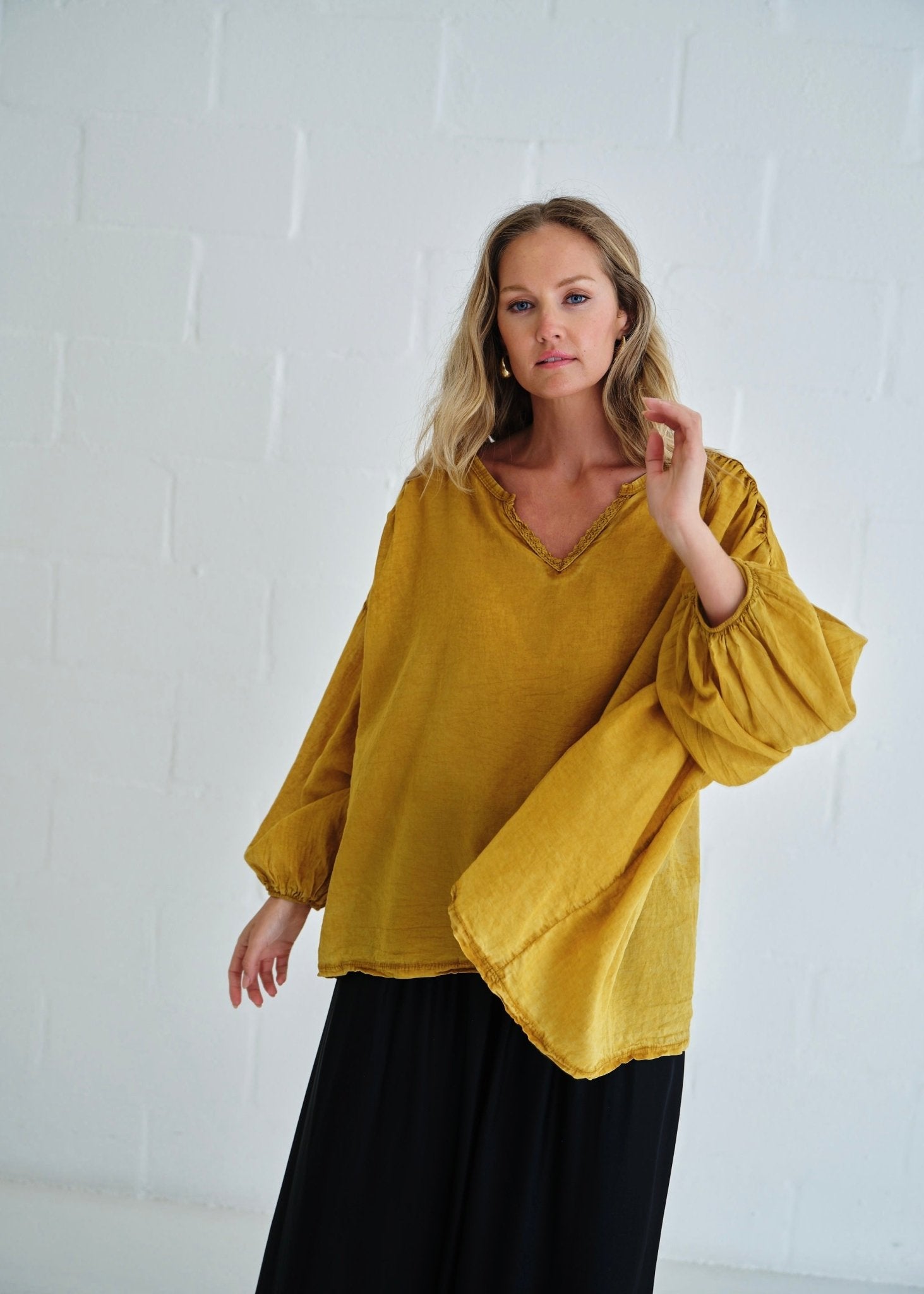 View our Boho Balloon Sleeve Shirt In Mustard - by Tribute Store