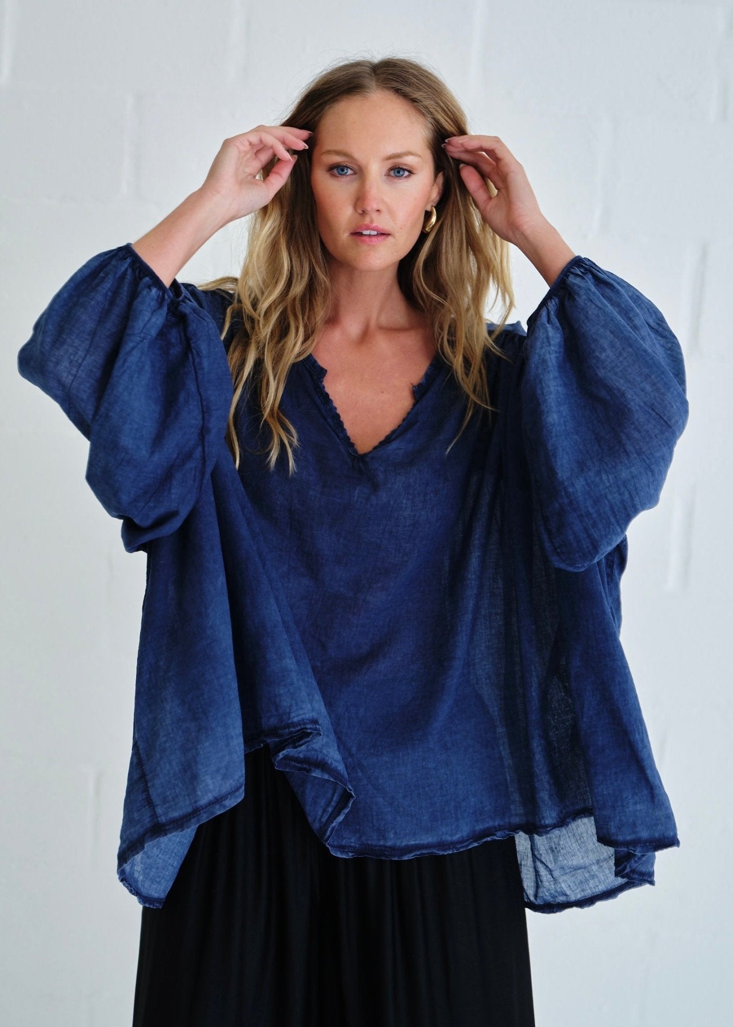View our Boho Balloon Sleeve Shirt In Navy - by Tribute Store
