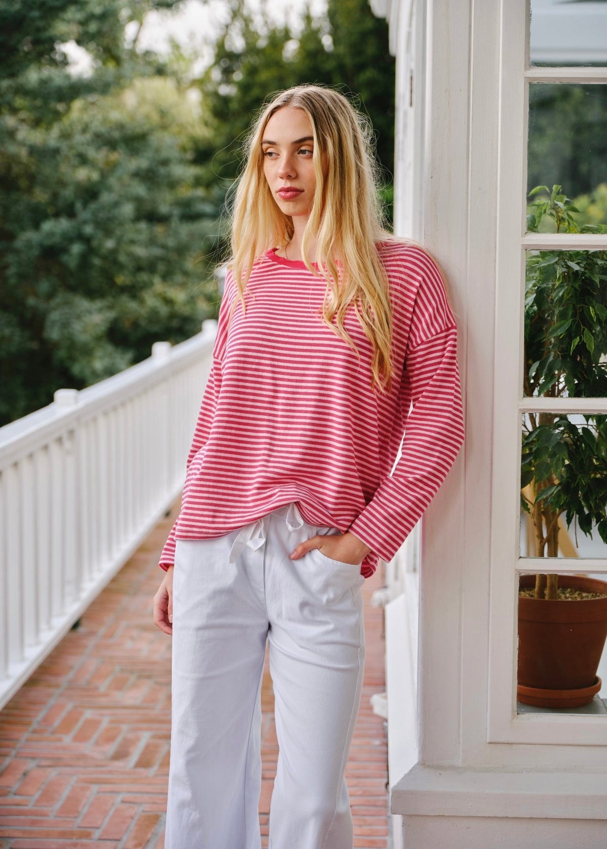 View our Bologna Italian Crew Neck Long Sleeved Striped Cotton Tee In Rose - by Tribute Store