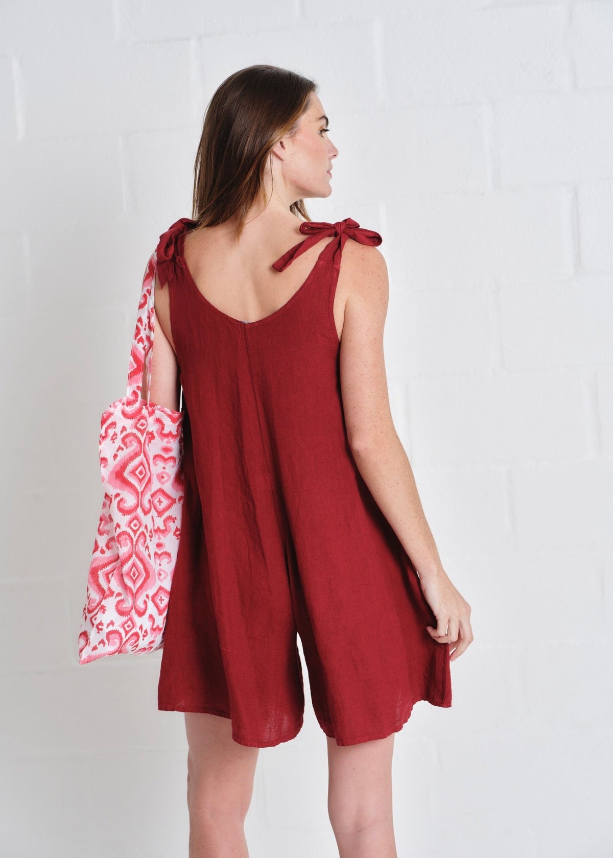 View our Bondi Italian Linen Playsuit In Wine - by Tribute Store
