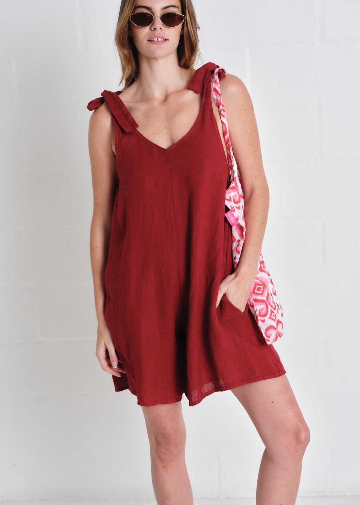 View our Bondi Italian Linen Playsuit In Wine - by Tribute Store