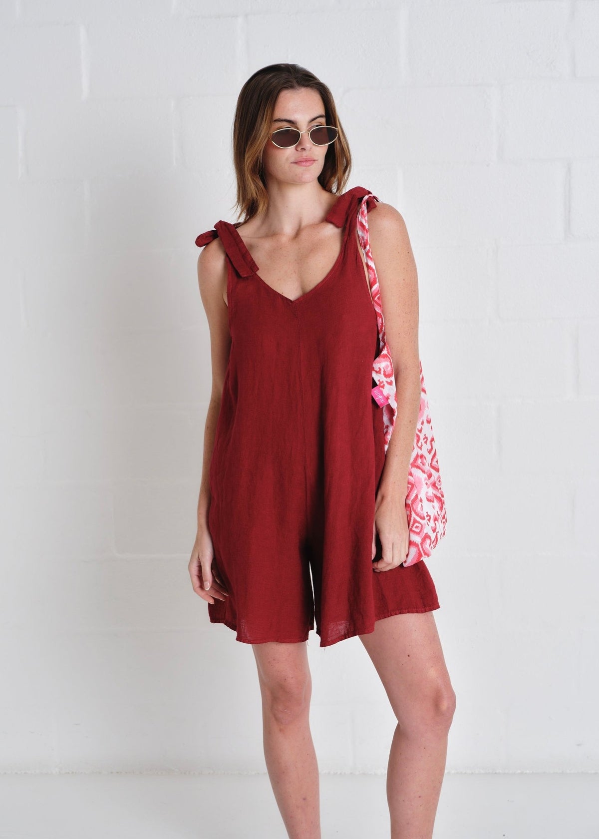 View our Bondi Italian Linen Playsuit In Wine - by Tribute Store