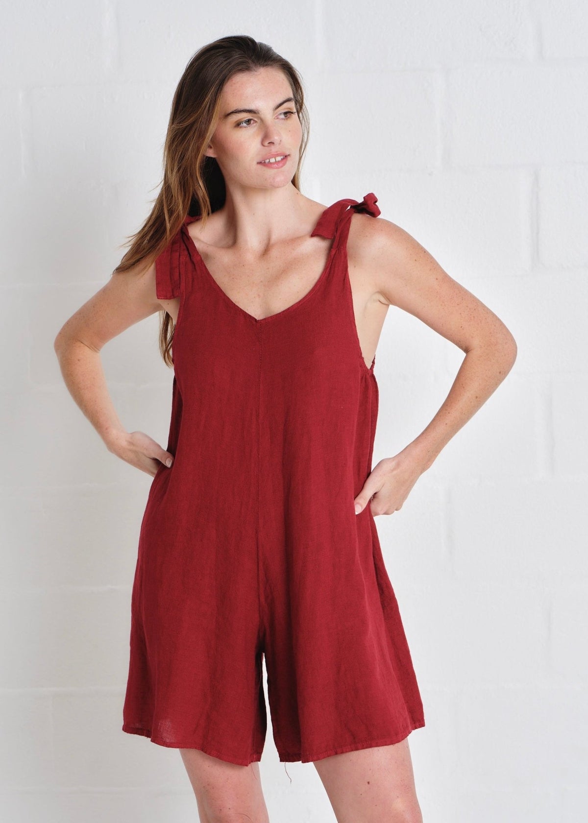 View our Bondi Italian Linen Playsuit In Wine - by Tribute Store