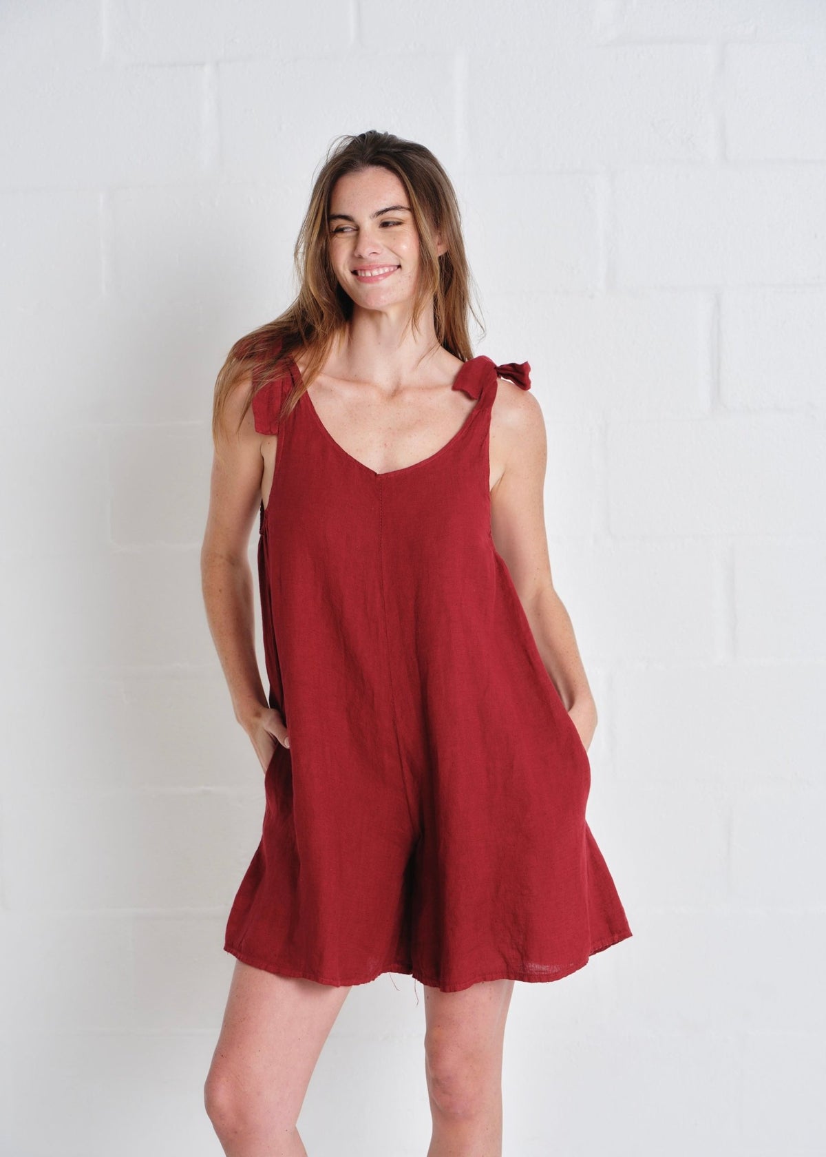 View our Bondi Italian Linen Playsuit In Wine - by Tribute Store