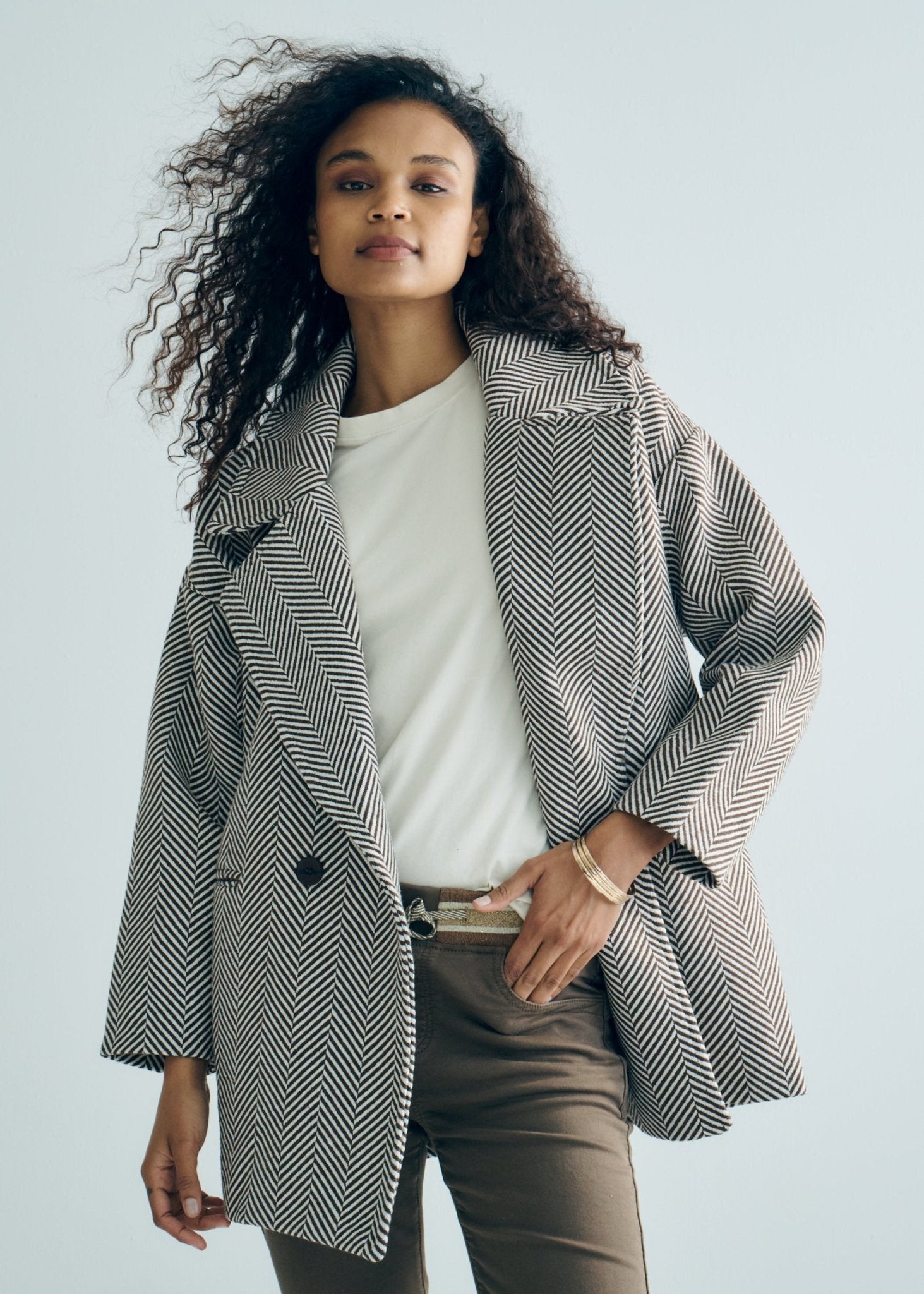 View our Bordeaux Wool Coat in Chocolate Brown and White - by Tribute Store