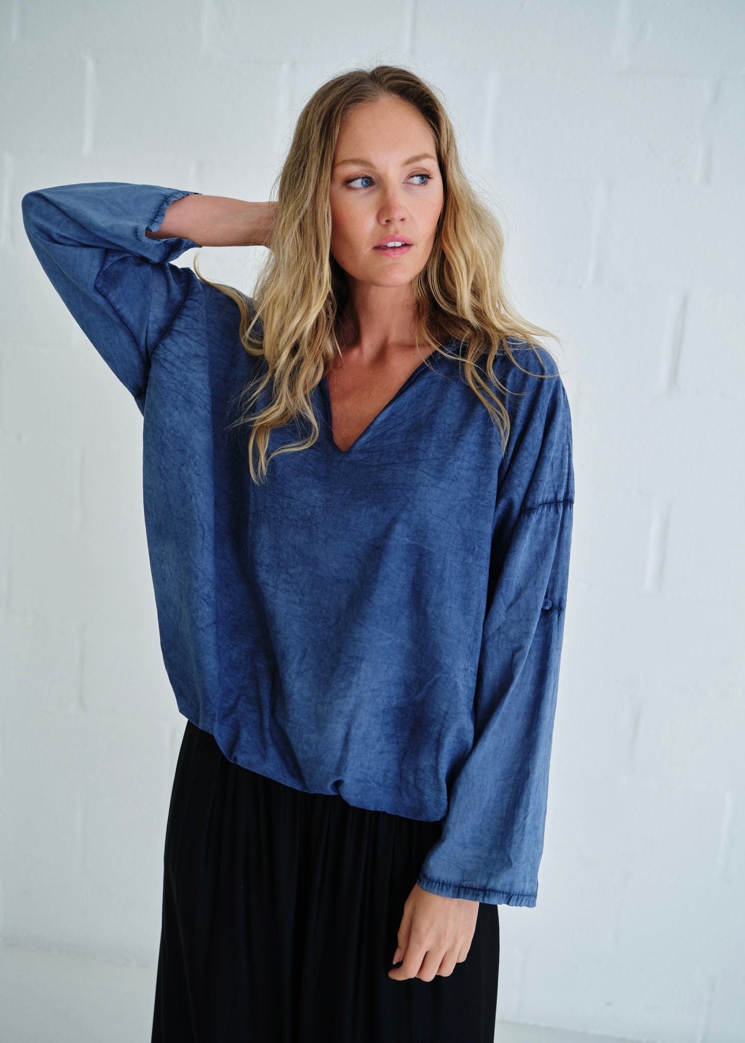 View our Bubble Waist Long Sleeve Shirt In Denim - by Tribute Store