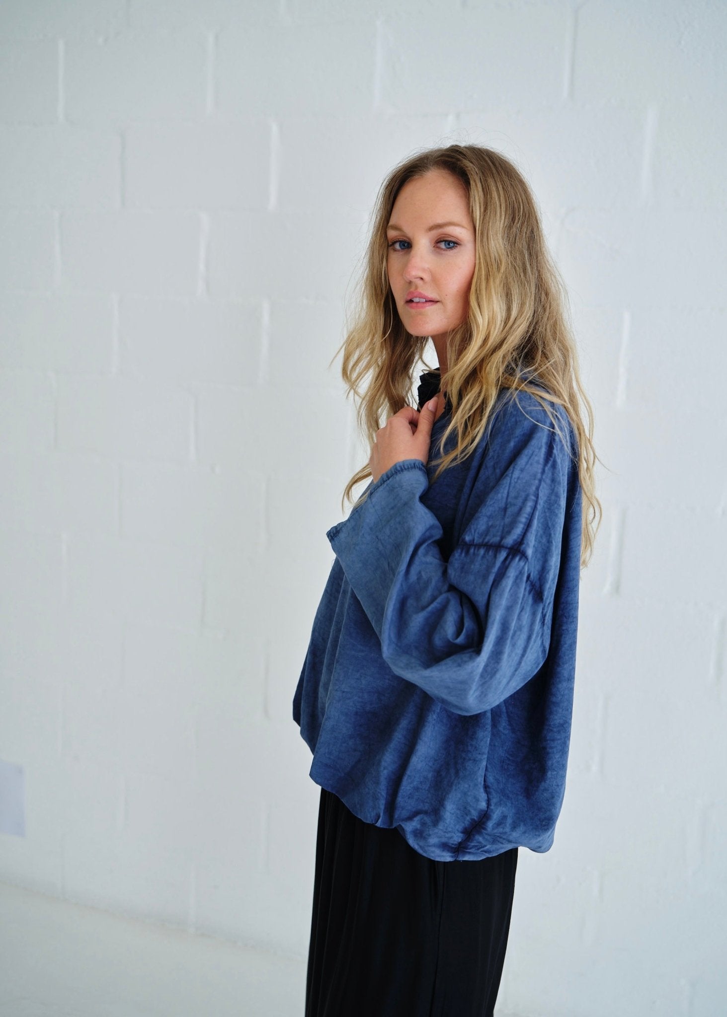View our Bubble Waist Long Sleeve Shirt In Denim - by Tribute Store