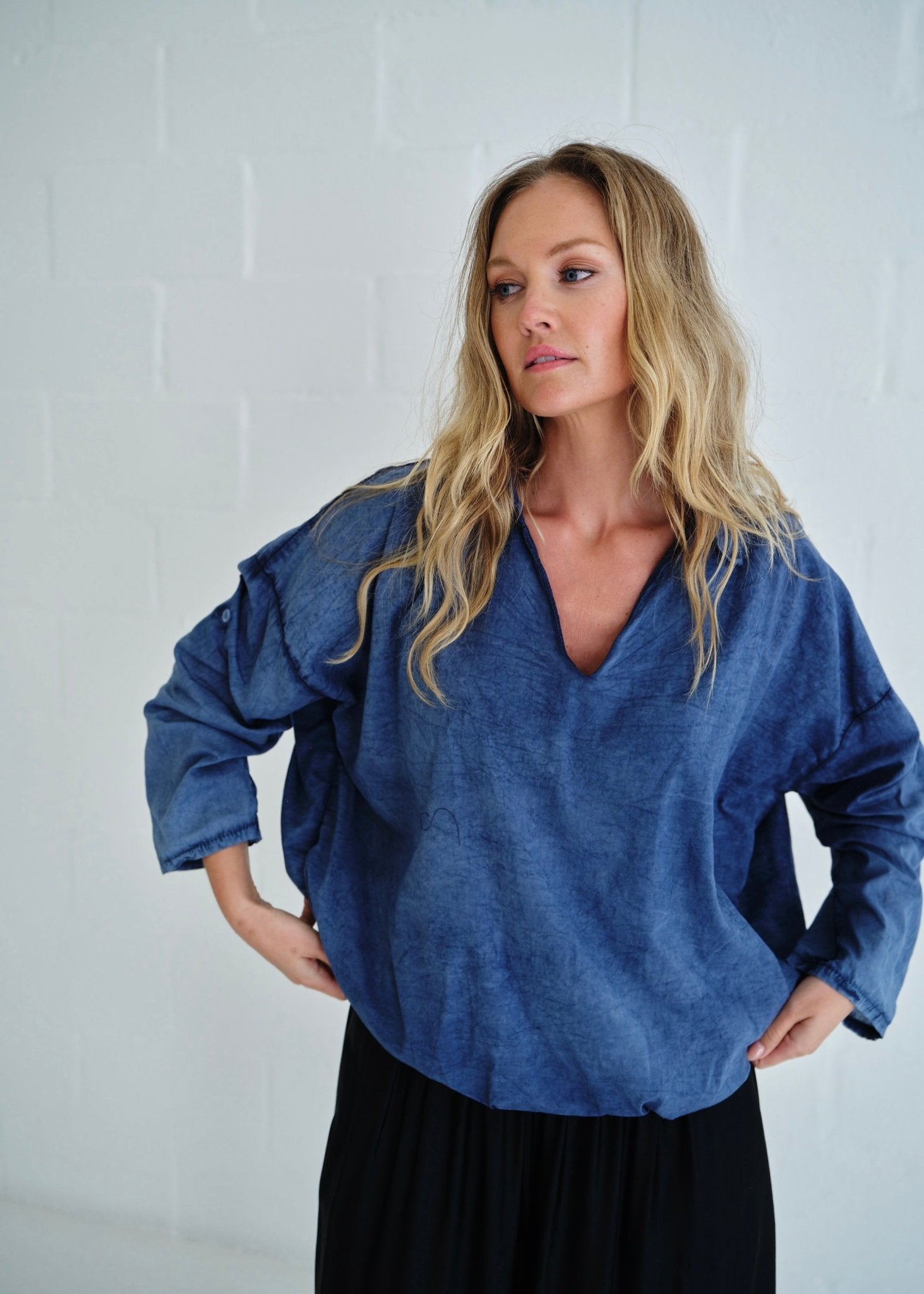View our Bubble Waist Long Sleeve Shirt In Denim - by Tribute Store