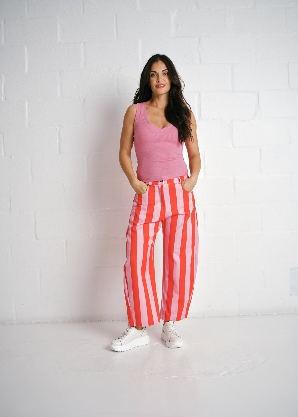 View our Burano Bold Stripe Barrel Pants In Pink - by Tribute Store