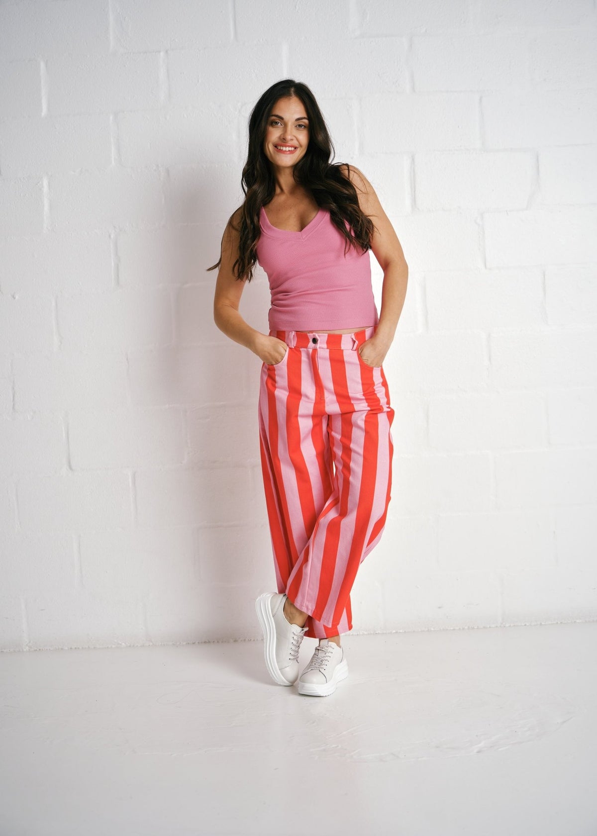 View our Burano Bold Stripe Barrel Pants In Pink - by Tribute Store