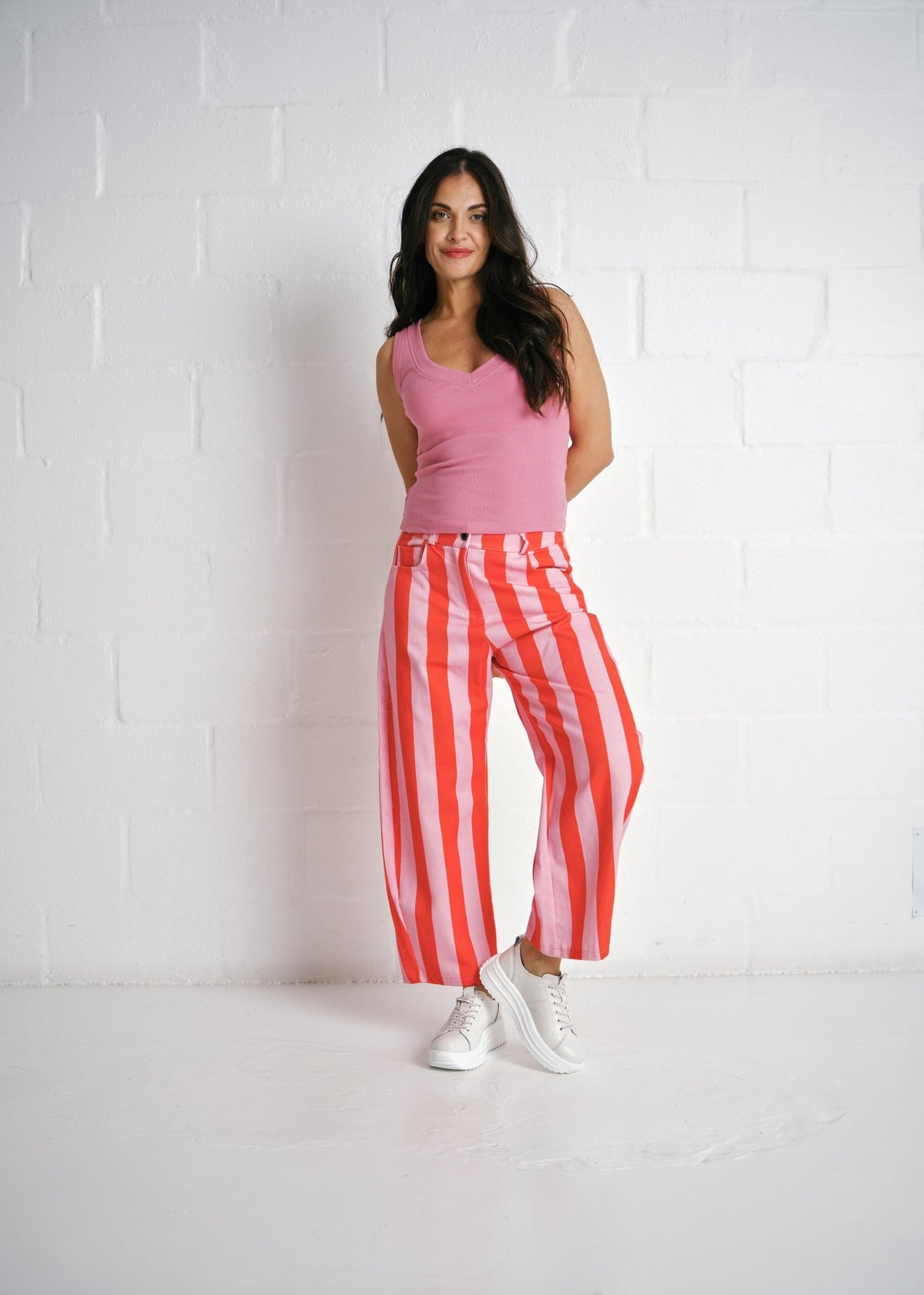 View our Burano Bold Stripe Barrel Pants In Pink - by Tribute Store